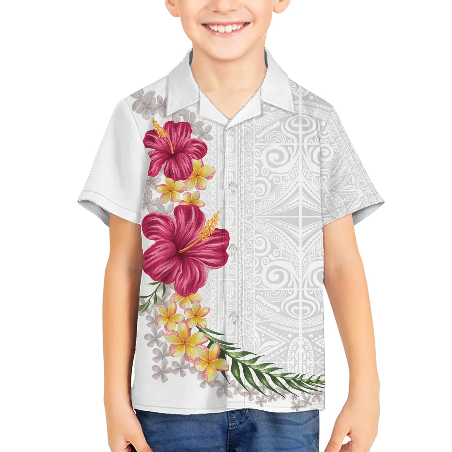 Hawaiihemd mit Plumeria und Hibiskus, Weiß, Mode LT03
