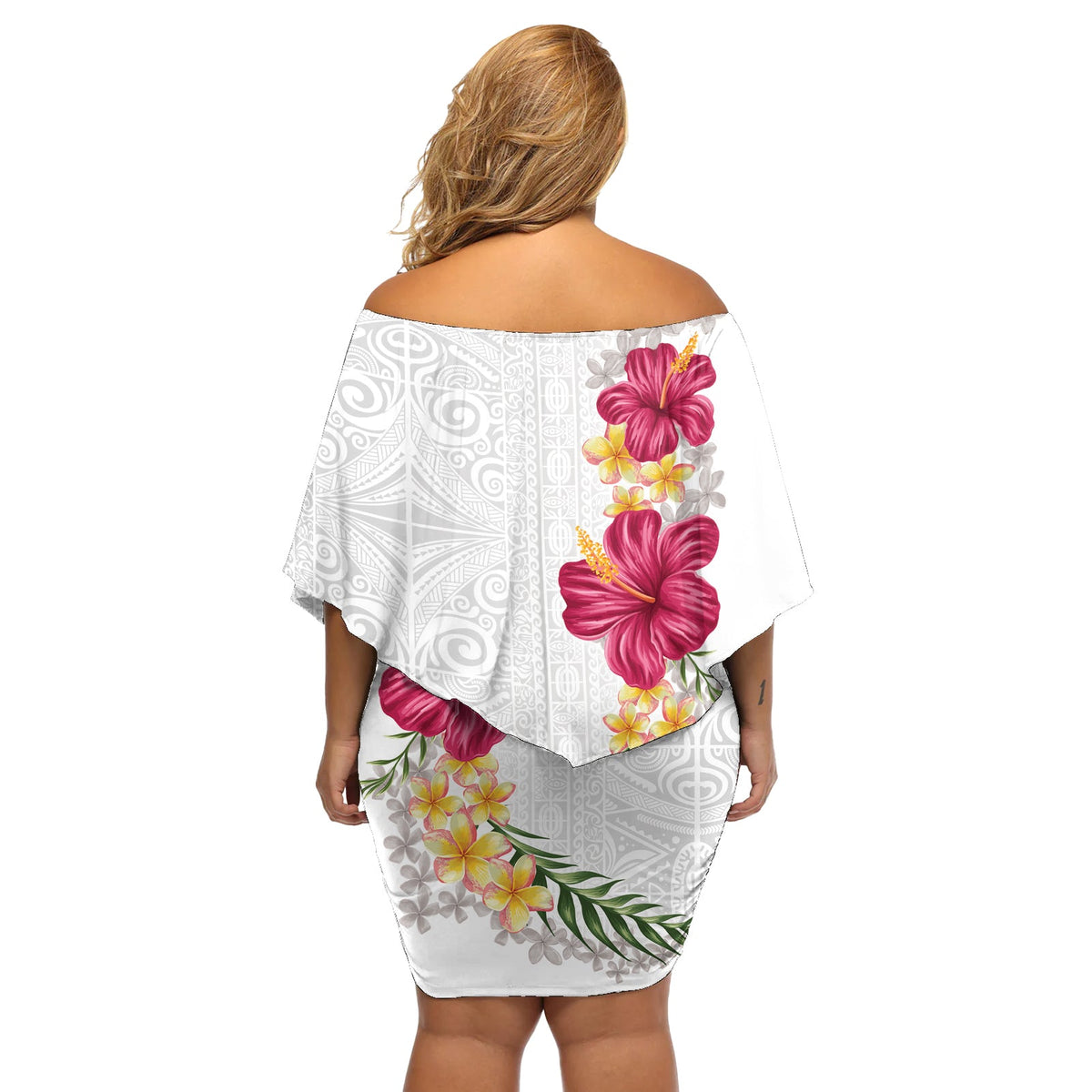 Hawaiianisches, schulterfreies, kurzes Kleid mit blumen mit Plumeria und Hibiskus, Weiß, Mode LT03