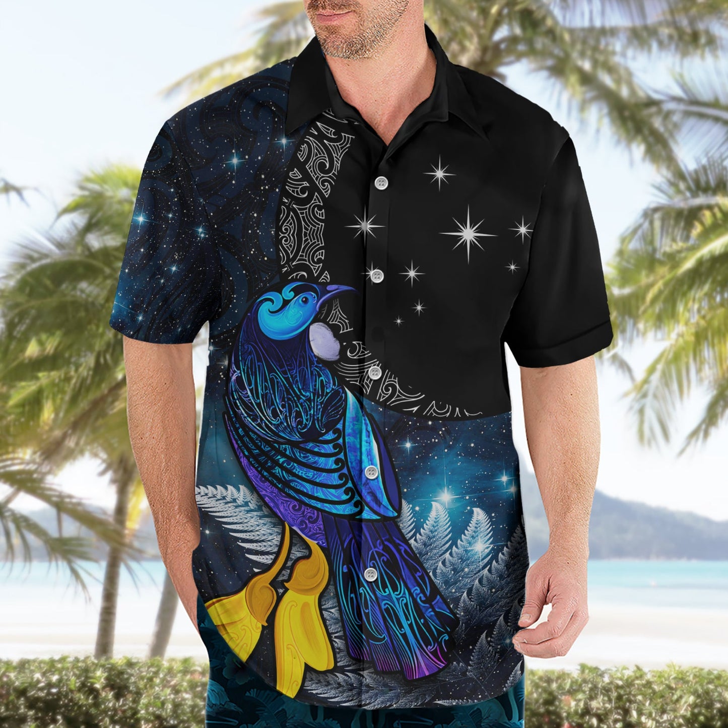 Neuseeland Tui Vogel Matariki Hawaiihemd Galaxy Farn mit Maori Muster LT03