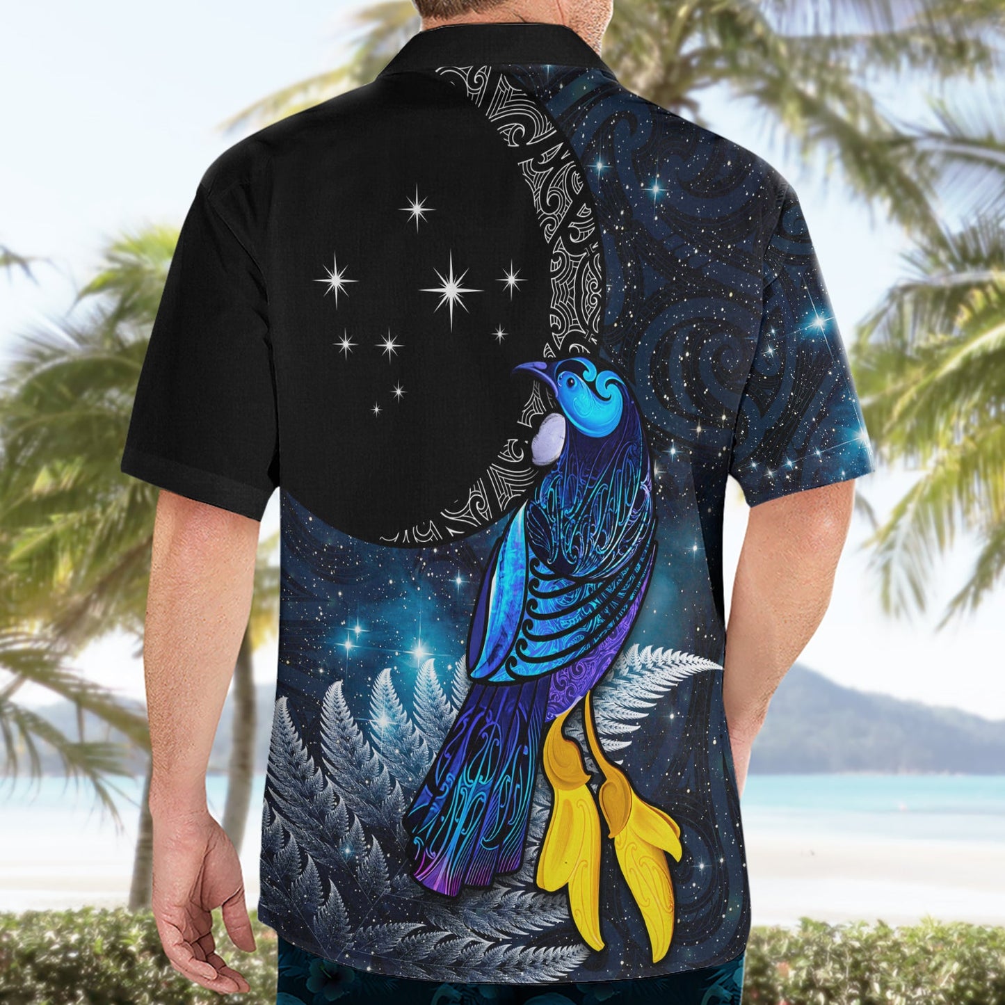 Neuseeland Tui Vogel Matariki Hawaiihemd Galaxy Farn mit Maori Muster LT03