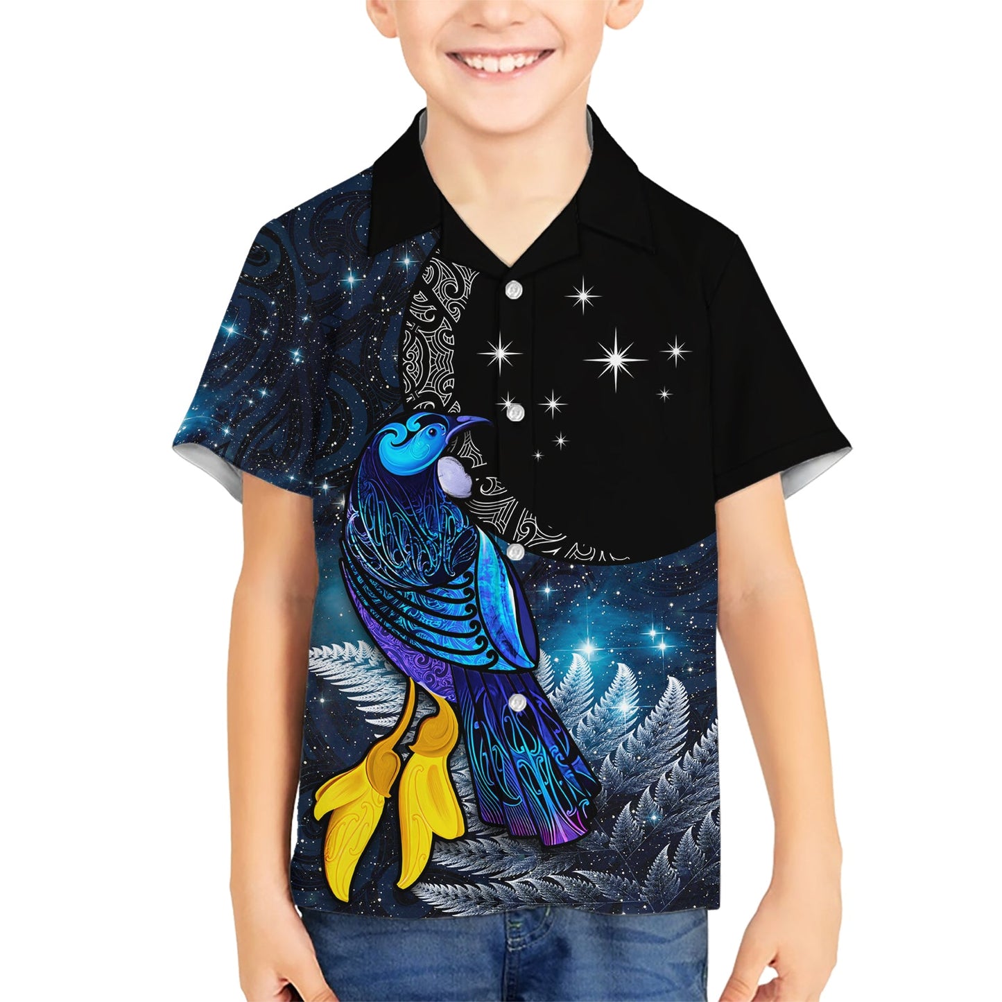 Neuseeland Tui Vogel Matariki Hawaiihemd Galaxy Farn mit Maori Muster LT03