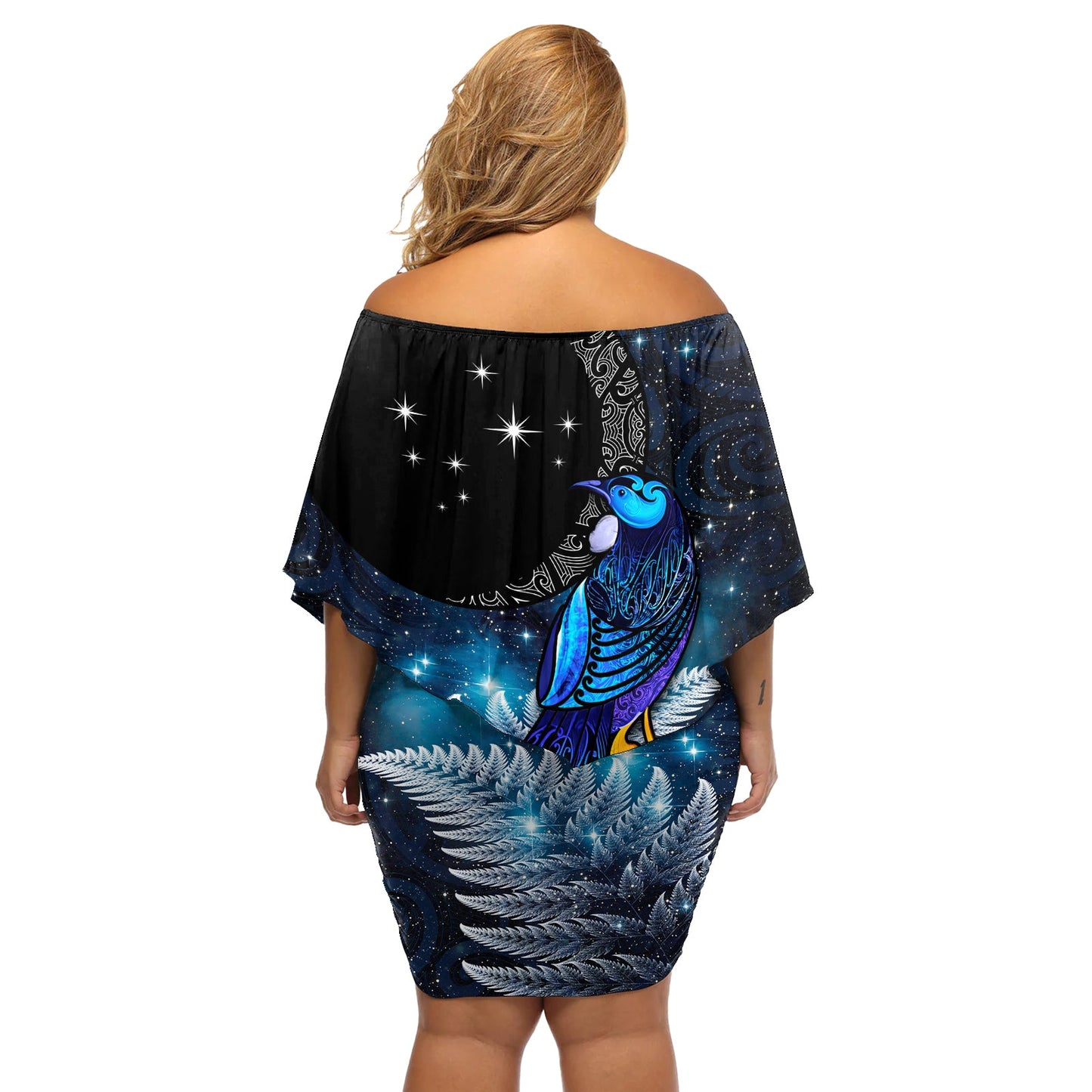 Neuseeland Tui Vogel Matariki Off Schulter kurzes Kleid mit blumen Galaxy Fern mit Maori Muster LT03