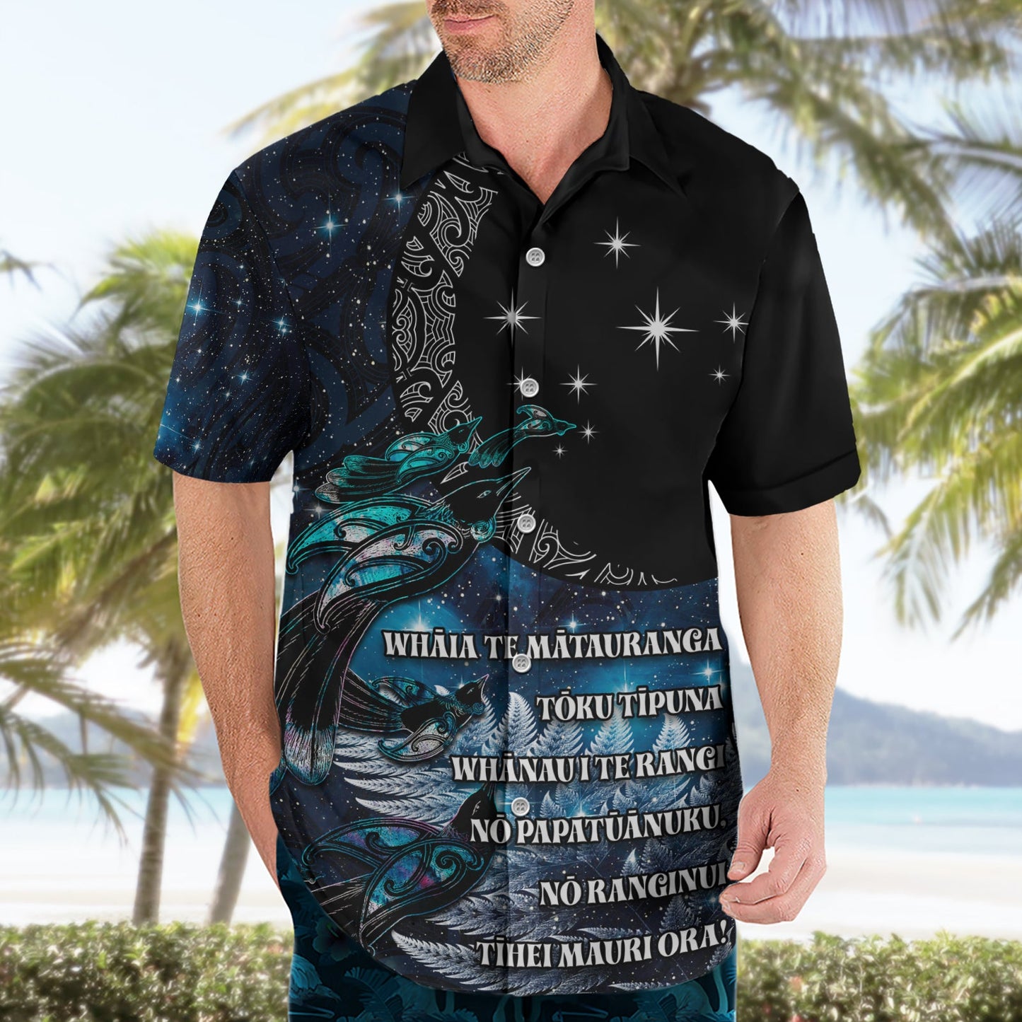 Neuseeland Tui Vogel Hawaiihemd Matariki Poesie Muster Galaxy Stil LT03