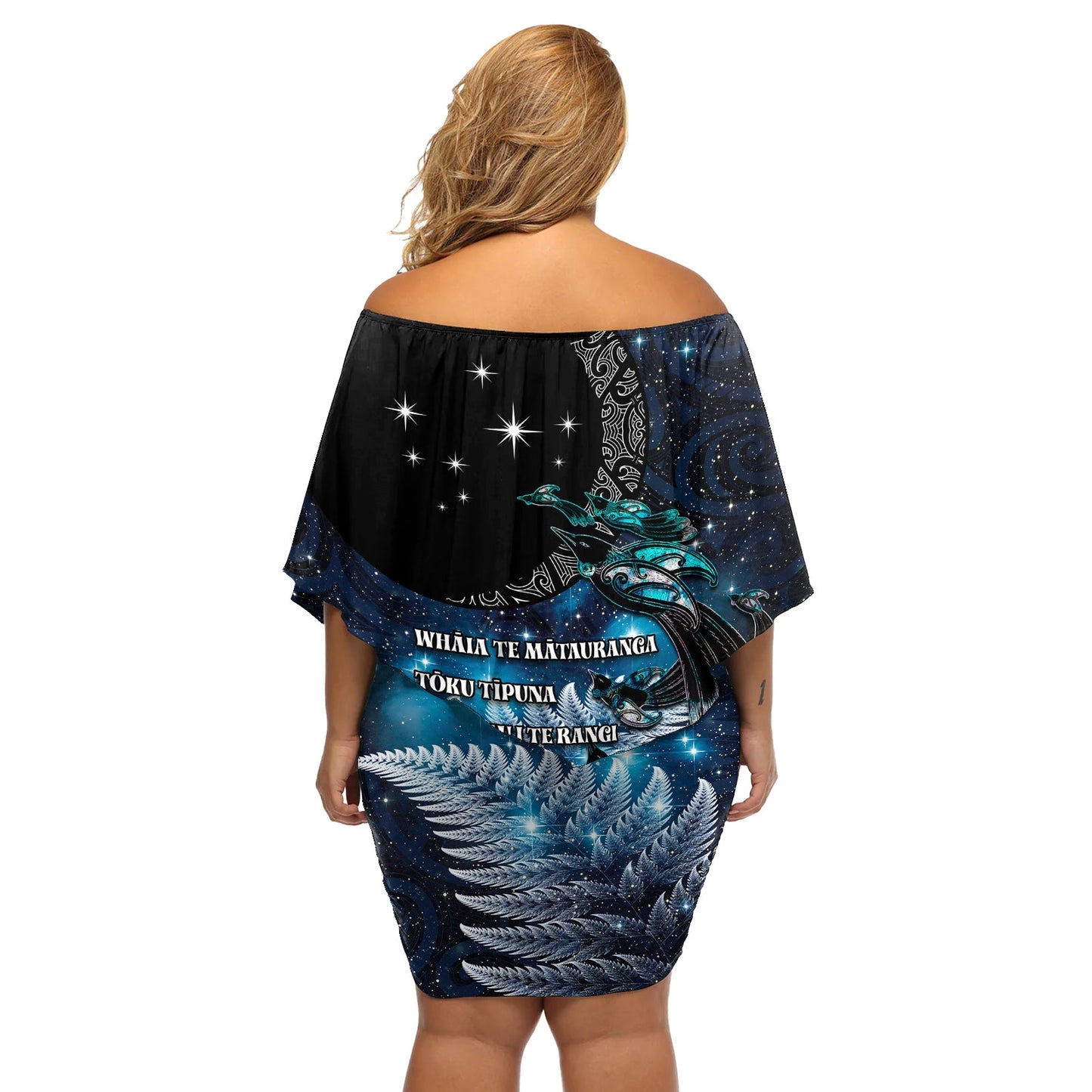 Neuseeland Tui Vogel Off Schulter kurzes Kleid mit blumen Matariki Poesie Muster Galaxy Stil LT03