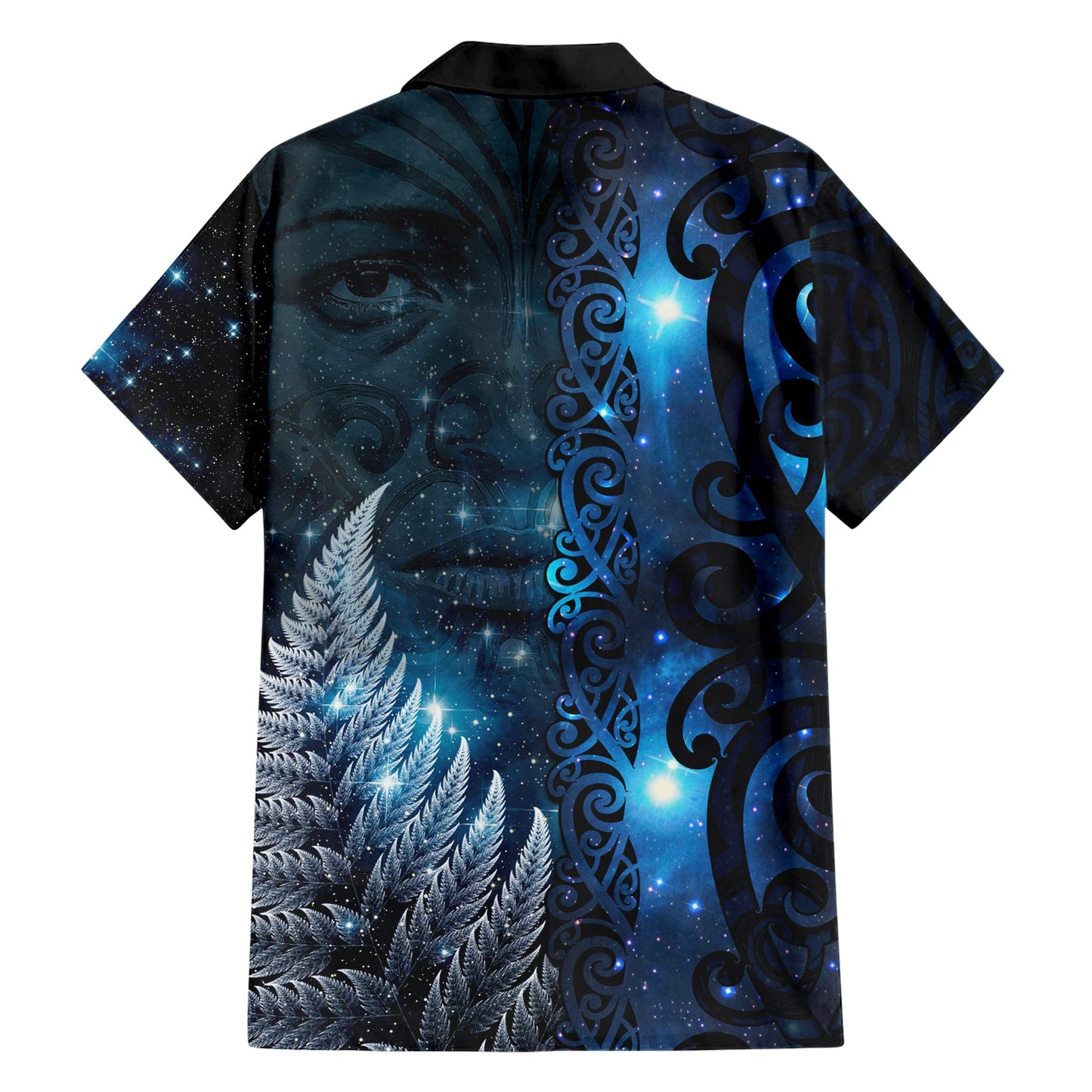 Neuseeländisches Matariki Hawaiihemd mit dem Stammesgesicht der Maori und dem silbernen Farn LT03