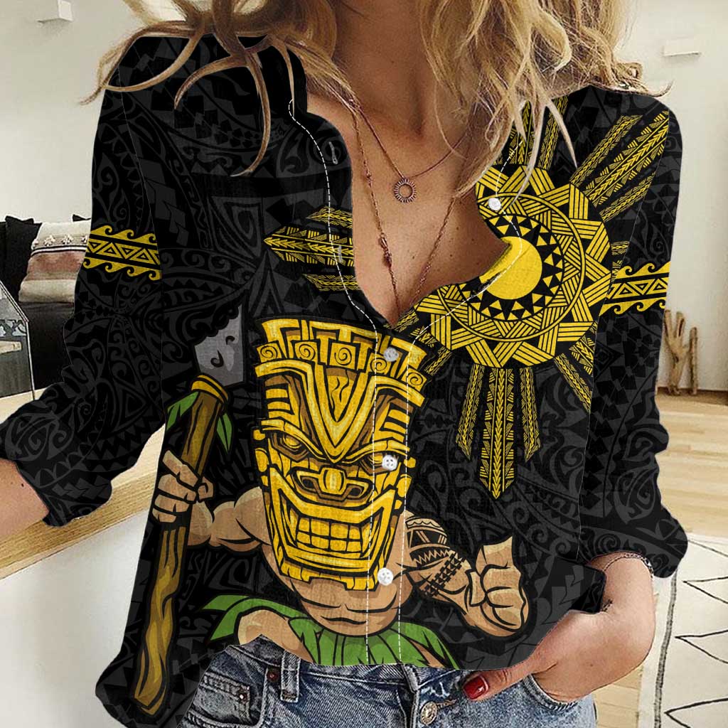 Hawaii and Philippines Together Women Casual Shirt Warrior Tiki Mask and Filipino Sun Polynesian Style