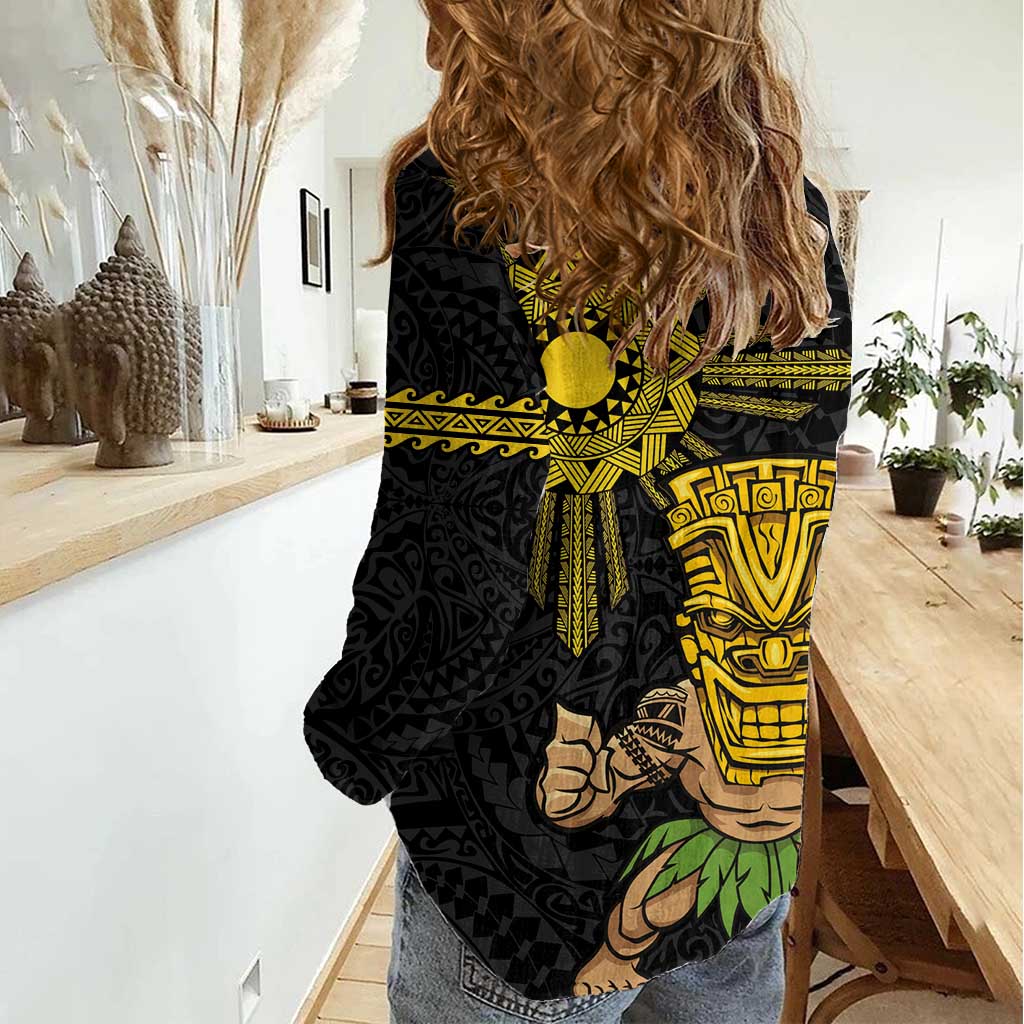 Hawaii und Philippinen zusammen Damen Casual Shirt Krieger Tiki Maske und philippinische Sonne polynesischen Stil LT03