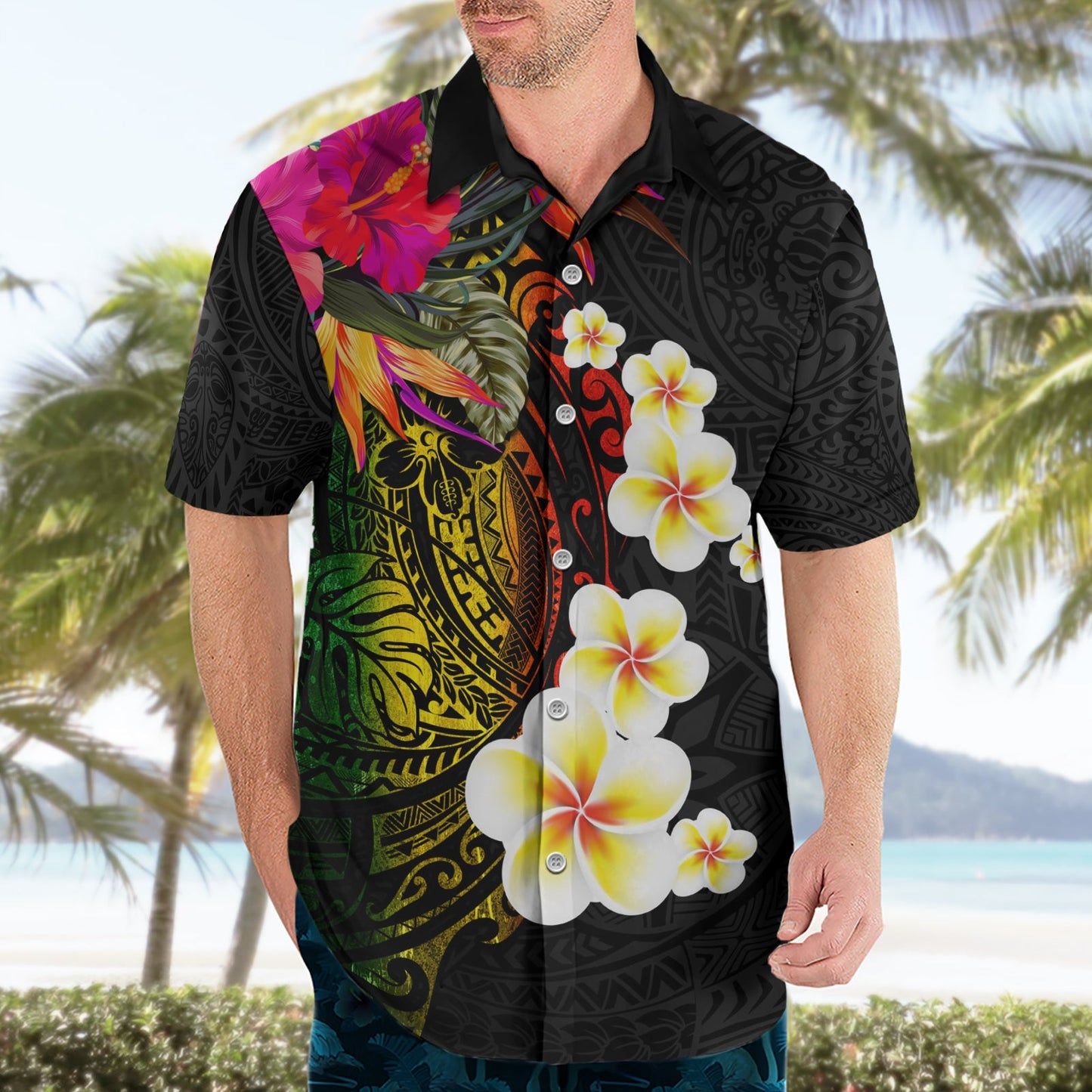 Hawaii Plumeria Hawaiihemd Polynesian Tattoo und Hibiskus LT03