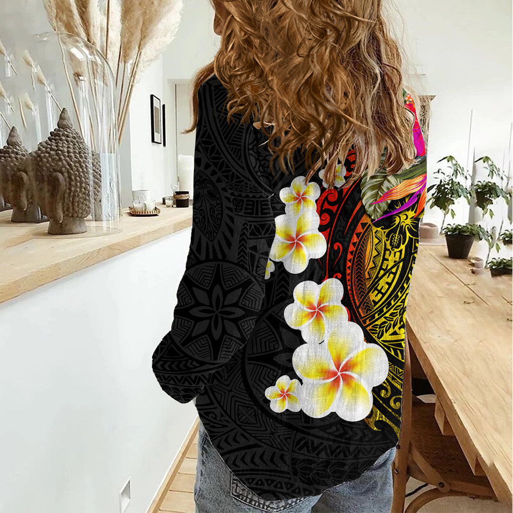 Hawaii Plumeria Damen Freizeithemd Polynesianisches Tattoo und Hibiskus LT03