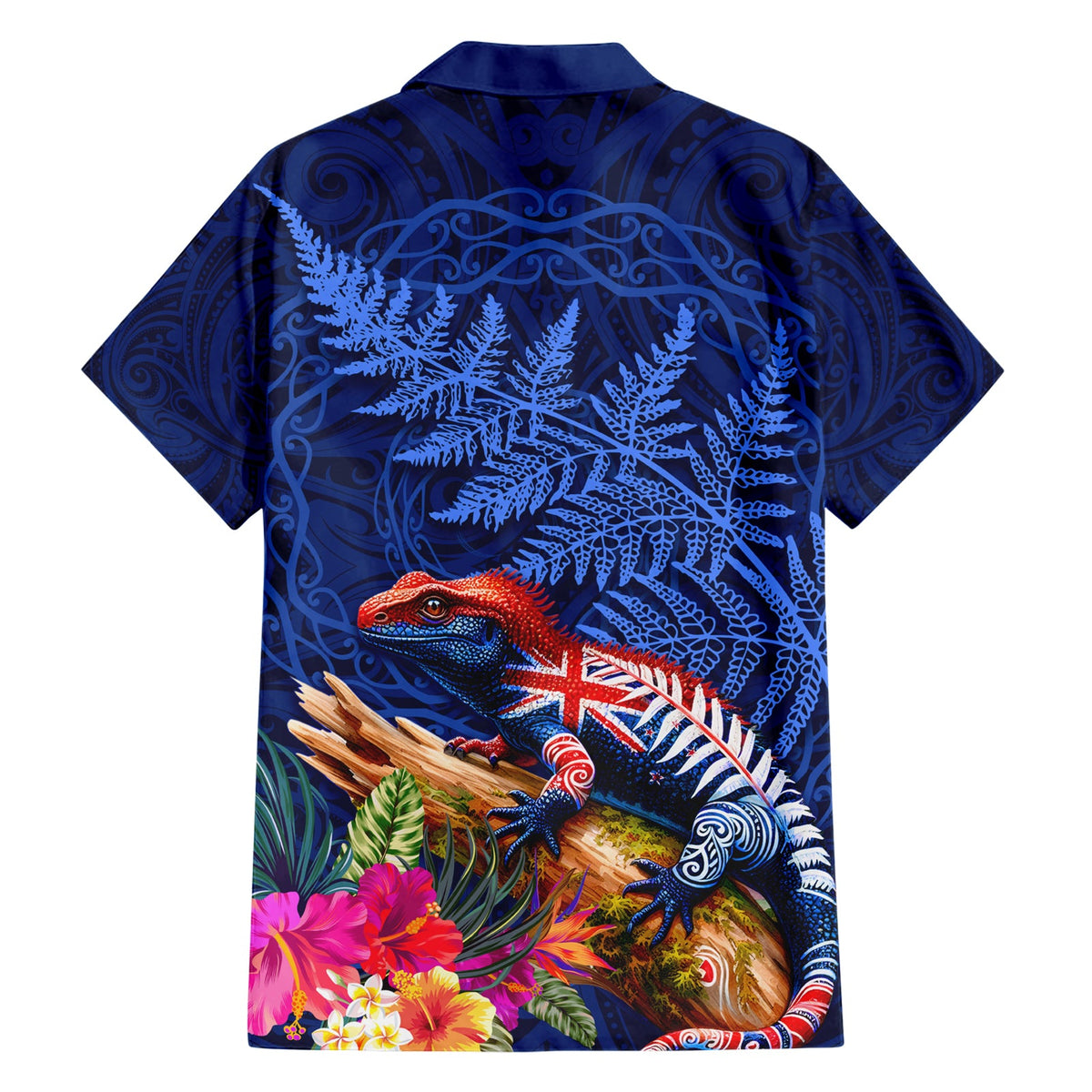 Neuseeland Tuatara Hawaiihemd Silberfarn Hibiskus und Tribal Maori Muster Blau Farbe LT03