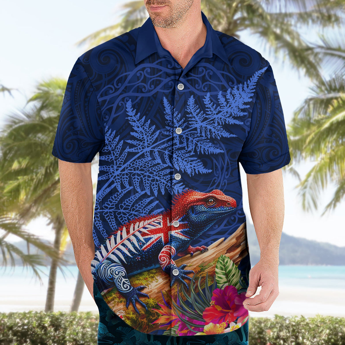 Neuseeland Tuatara Hawaiihemd Silberfarn Hibiskus und Tribal Maori Muster Blau Farbe LT03