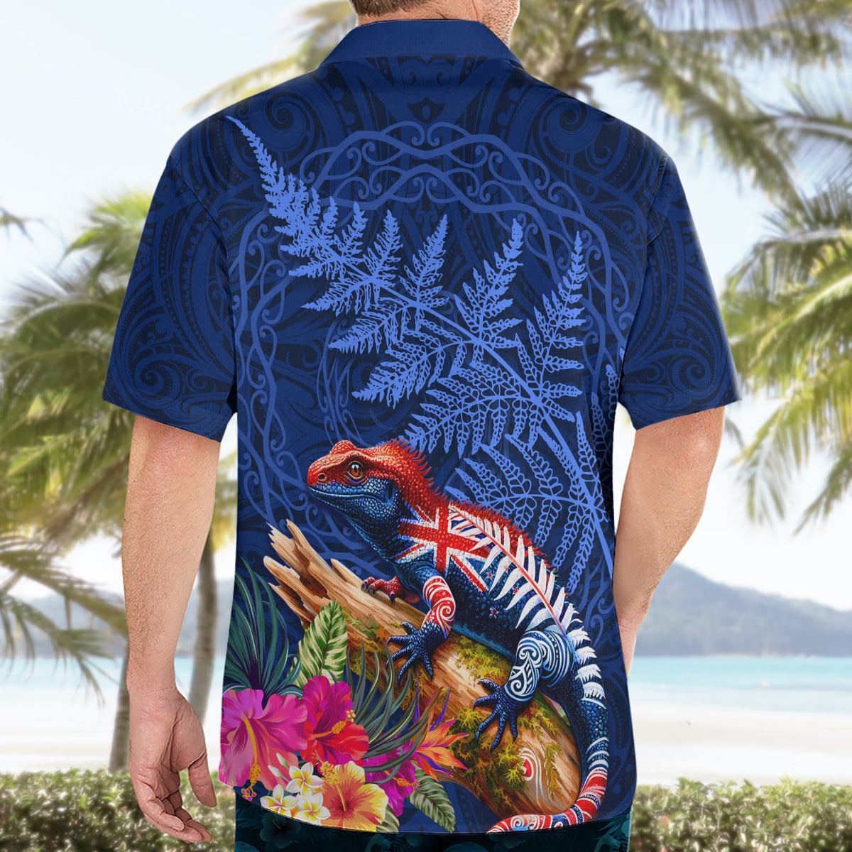 Neuseeland Tuatara Hawaiihemd Silberfarn Hibiskus und Tribal Maori Muster Blau Farbe LT03