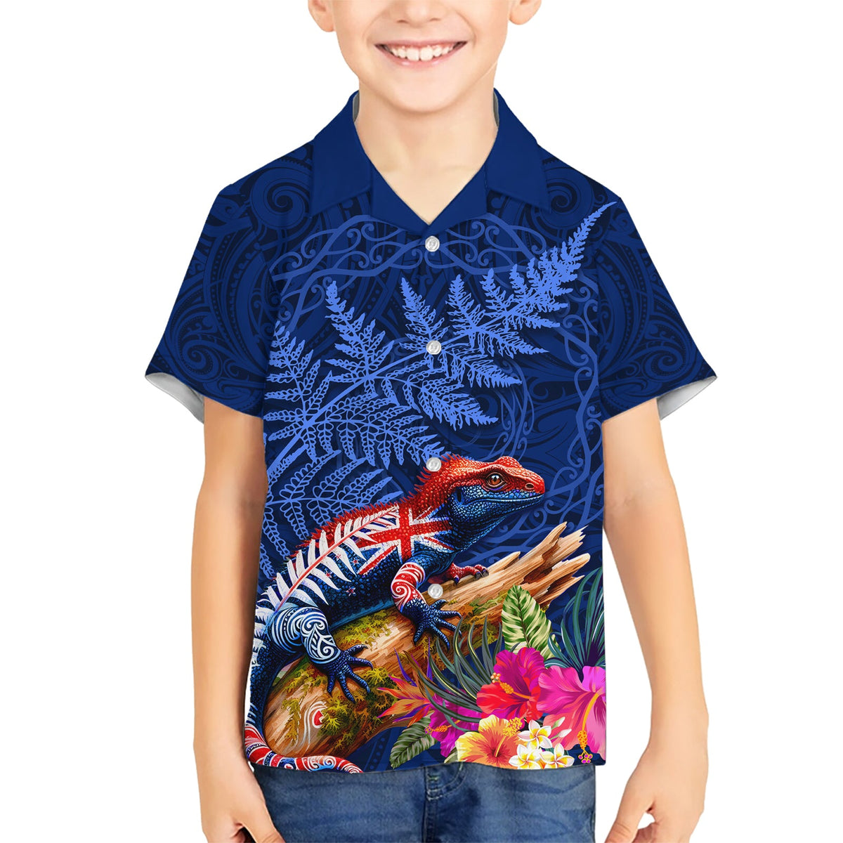 Neuseeland Tuatara Hawaiihemd Silberfarn Hibiskus und Tribal Maori Muster Blau Farbe LT03
