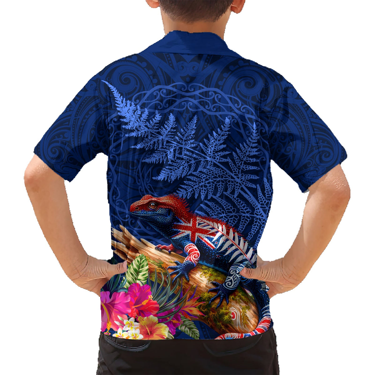 Neuseeland Tuatara Hawaiihemd Silberfarn Hibiskus und Tribal Maori Muster Blau Farbe LT03