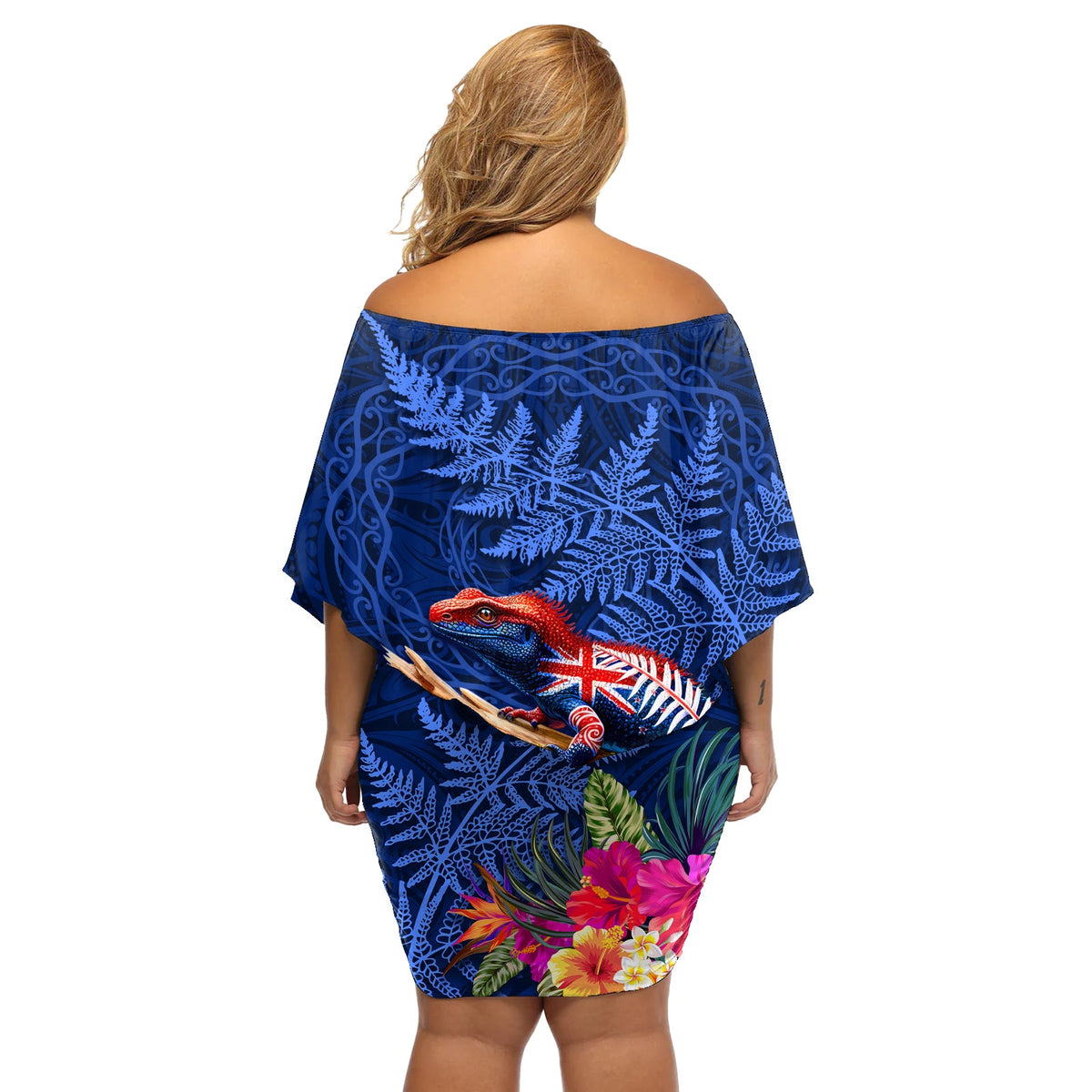 Neuseeland Tuatara Off Shoulder Kurzes Kleid mit blumen Silber Farn Hibiskus und Tribal Maori Muster Blau Farbe LT03