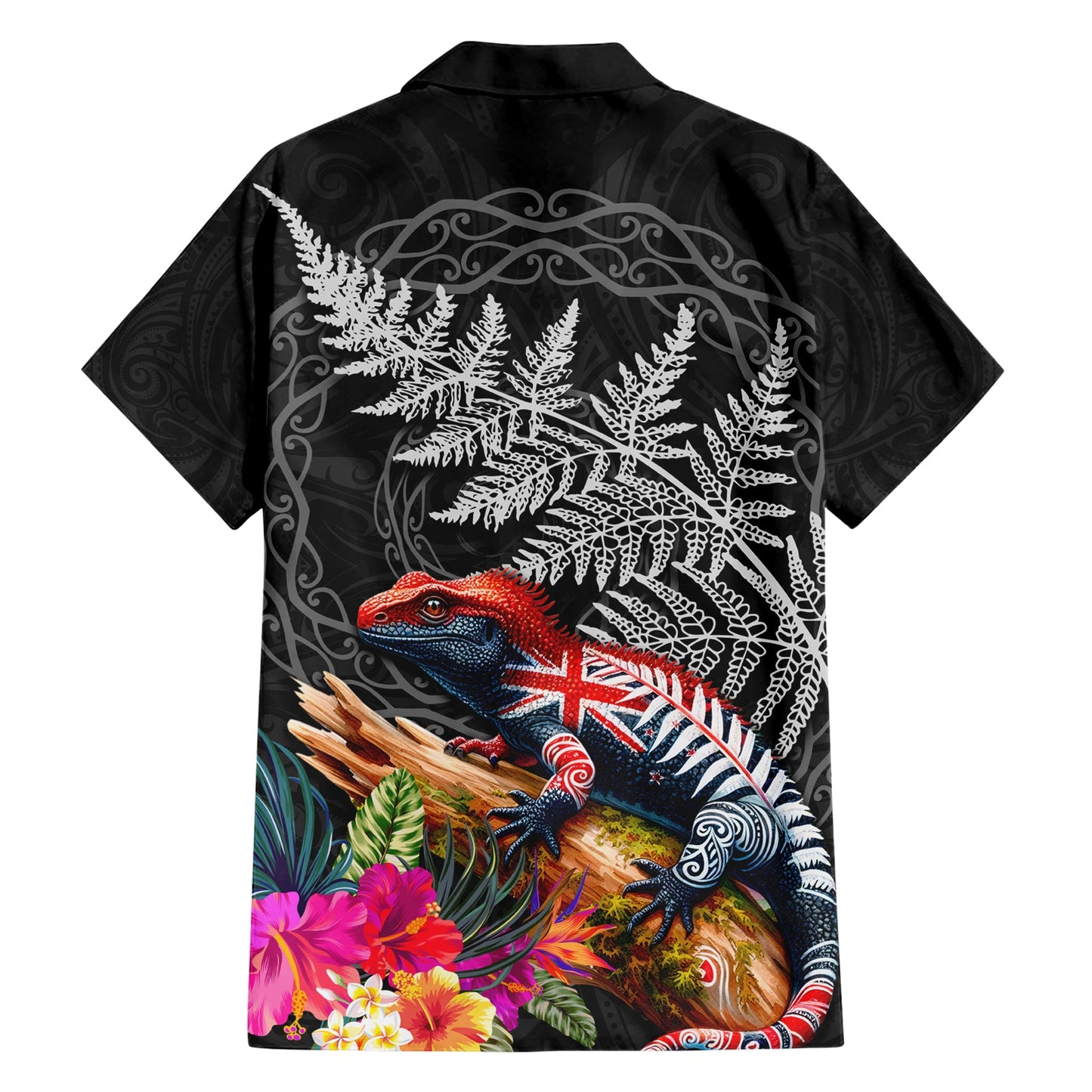 Neuseeland Tuatara Hawaiihemd Silberfarn Hibiskus und Tribal Maori Muster Schwarz Farbe LT03