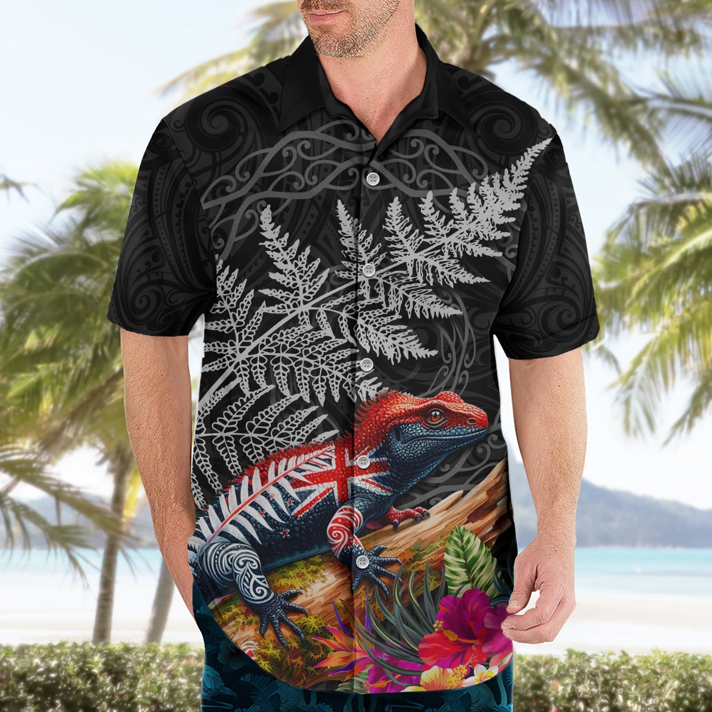 Neuseeland Tuatara Hawaiihemd Silberfarn Hibiskus und Tribal Maori Muster Schwarz Farbe LT03