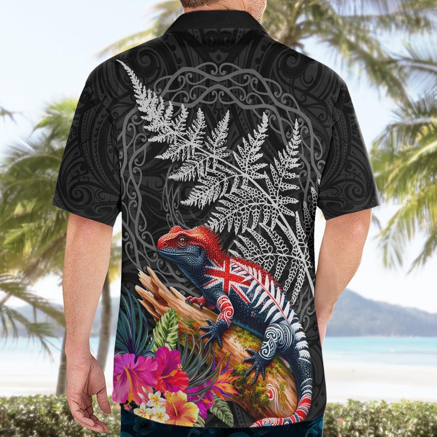Neuseeland Tuatara Hawaiihemd Silberfarn Hibiskus und Tribal Maori Muster Schwarz Farbe LT03