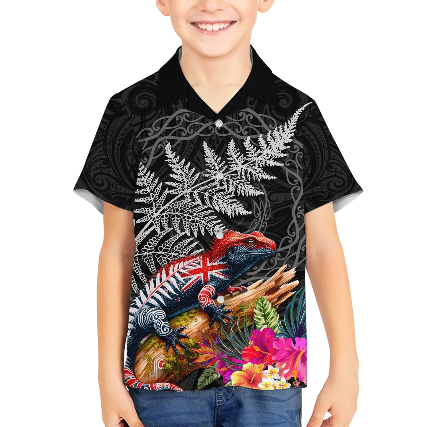 Neuseeland Tuatara Hawaiihemd Silberfarn Hibiskus und Tribal Maori Muster Schwarz Farbe LT03