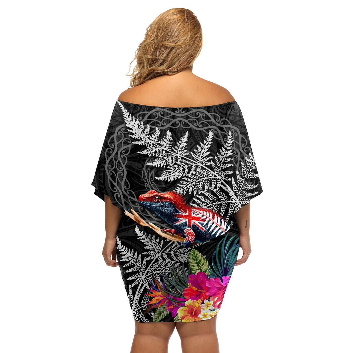 Neuseeland Tuatara Off Shoulder Kurzes Kleid mit blumen Silber Farn Hibiskus und Tribal Maori Muster Schwarz Farbe LT03