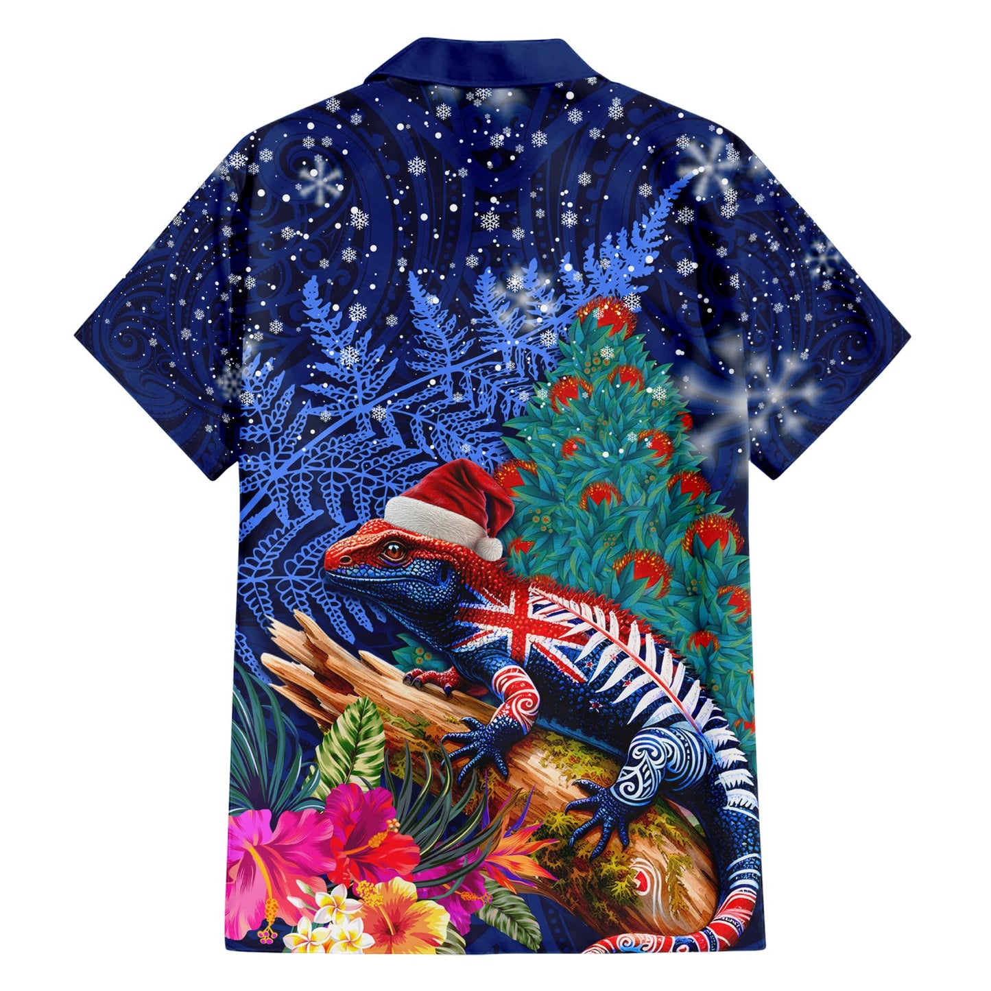 Neuseeland Tuatara Weihnachten Hawaiihemd Silber Farn und Weihnachten Pohutukawa Baum blau Farbe LT03