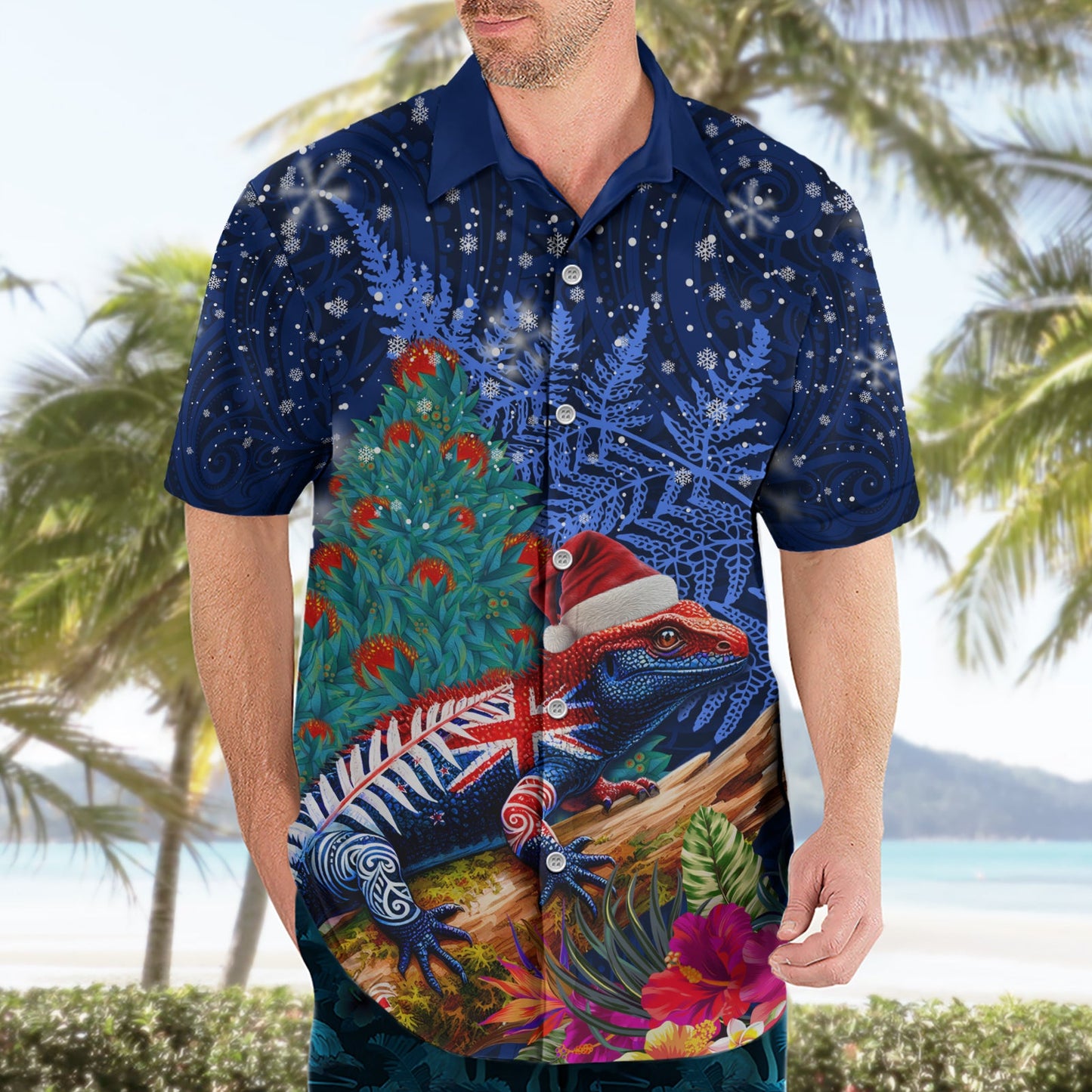 Neuseeland Tuatara Weihnachten Hawaiihemd Silber Farn und Weihnachten Pohutukawa Baum blau Farbe LT03