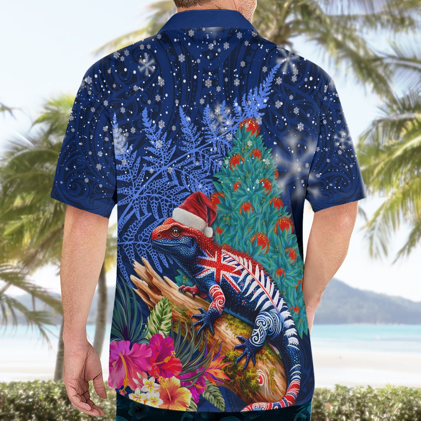 Neuseeland Tuatara Weihnachten Hawaiihemd Silber Farn und Weihnachten Pohutukawa Baum blau Farbe LT03