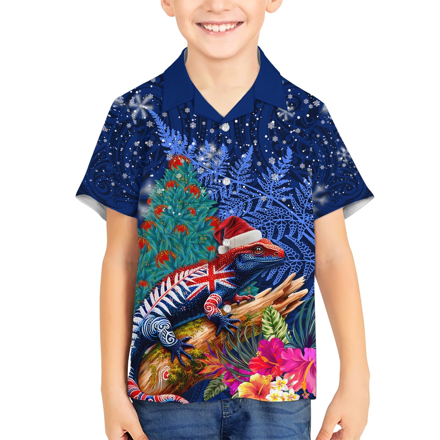 Neuseeland Tuatara Weihnachten Hawaiihemd Silber Farn und Weihnachten Pohutukawa Baum blau Farbe LT03