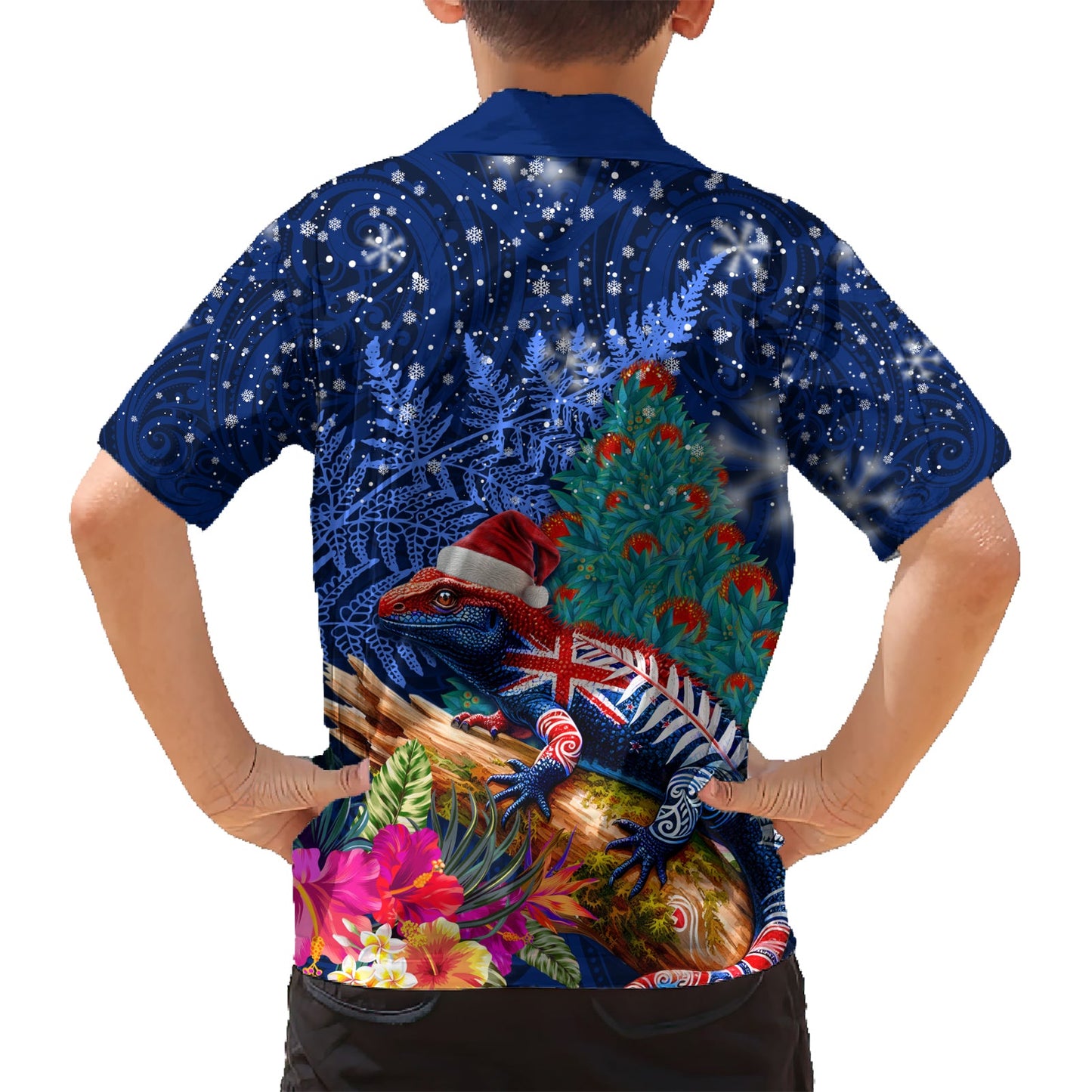 Neuseeland Tuatara Weihnachten Hawaiihemd Silber Farn und Weihnachten Pohutukawa Baum blau Farbe LT03