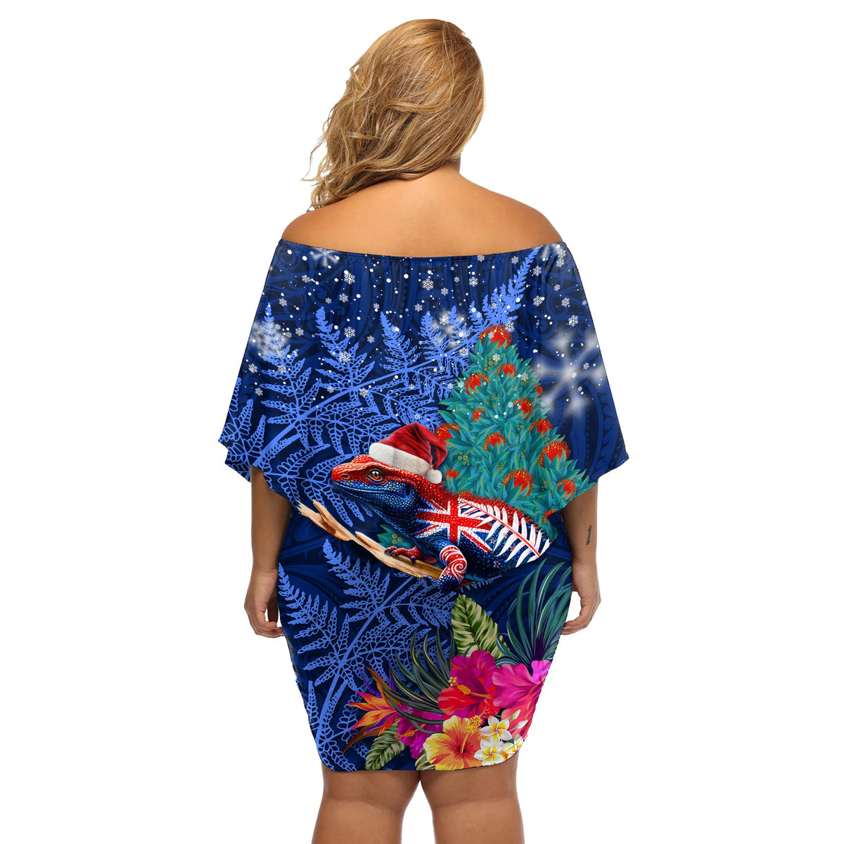Neuseeland Tuatara Weihnachten Off Schulter kurzes Kleid mit blumen Silber Farn und Weihnachten Pohutukawa Baum blau Farbe LT03