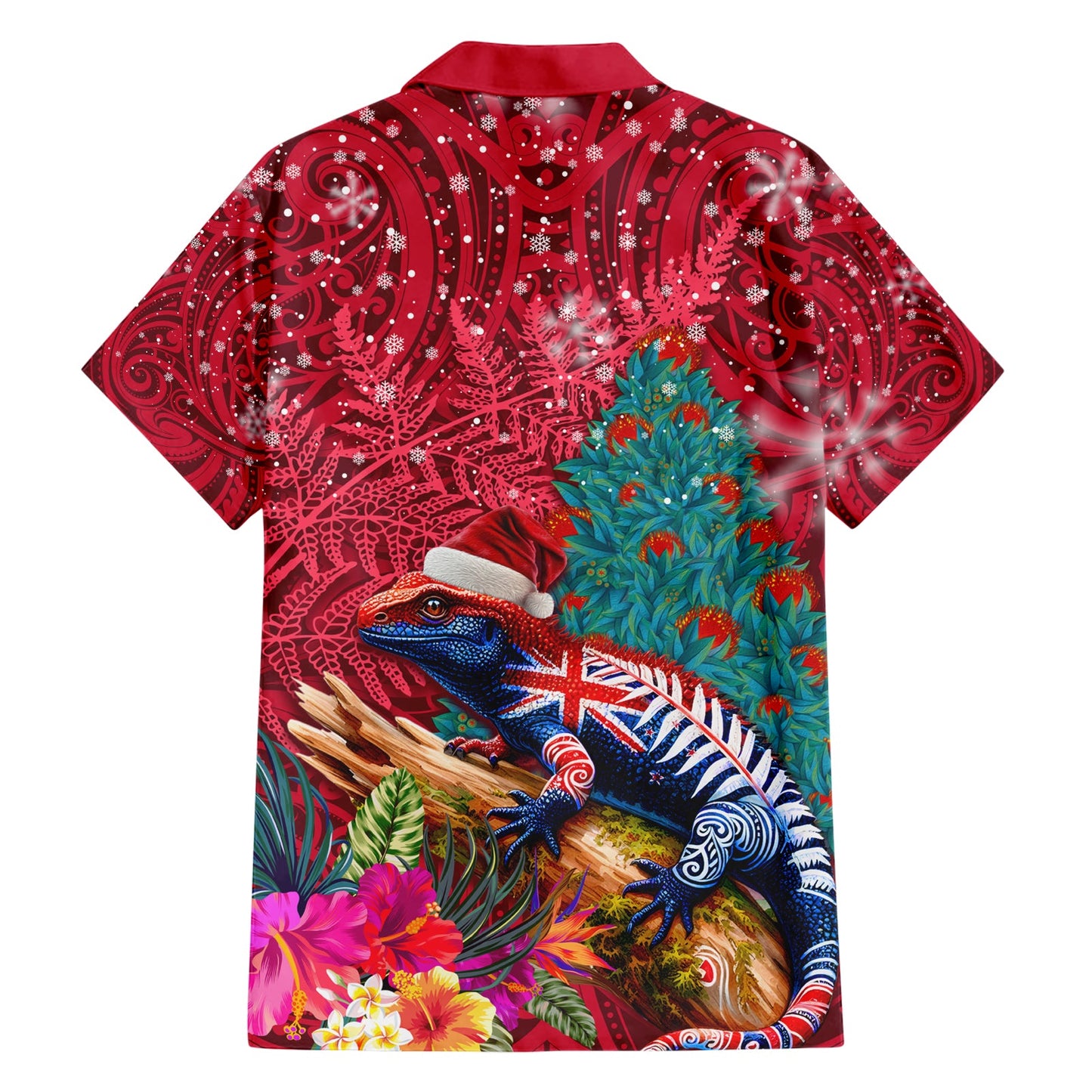 Neuseeland Tuatara Weihnachten Hawaiihemd Silber Farn und Weihnachten Pohutukawa Baum rot Farbe LT03