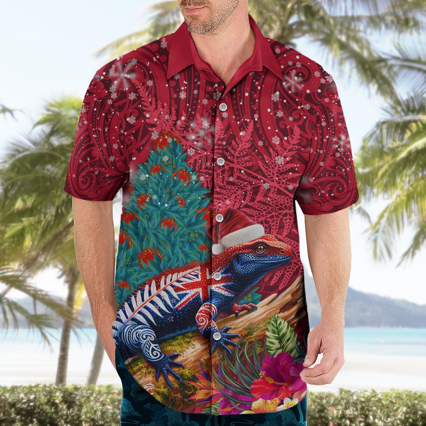 Neuseeland Tuatara Weihnachten Hawaiihemd Silber Farn und Weihnachten Pohutukawa Baum rot Farbe LT03