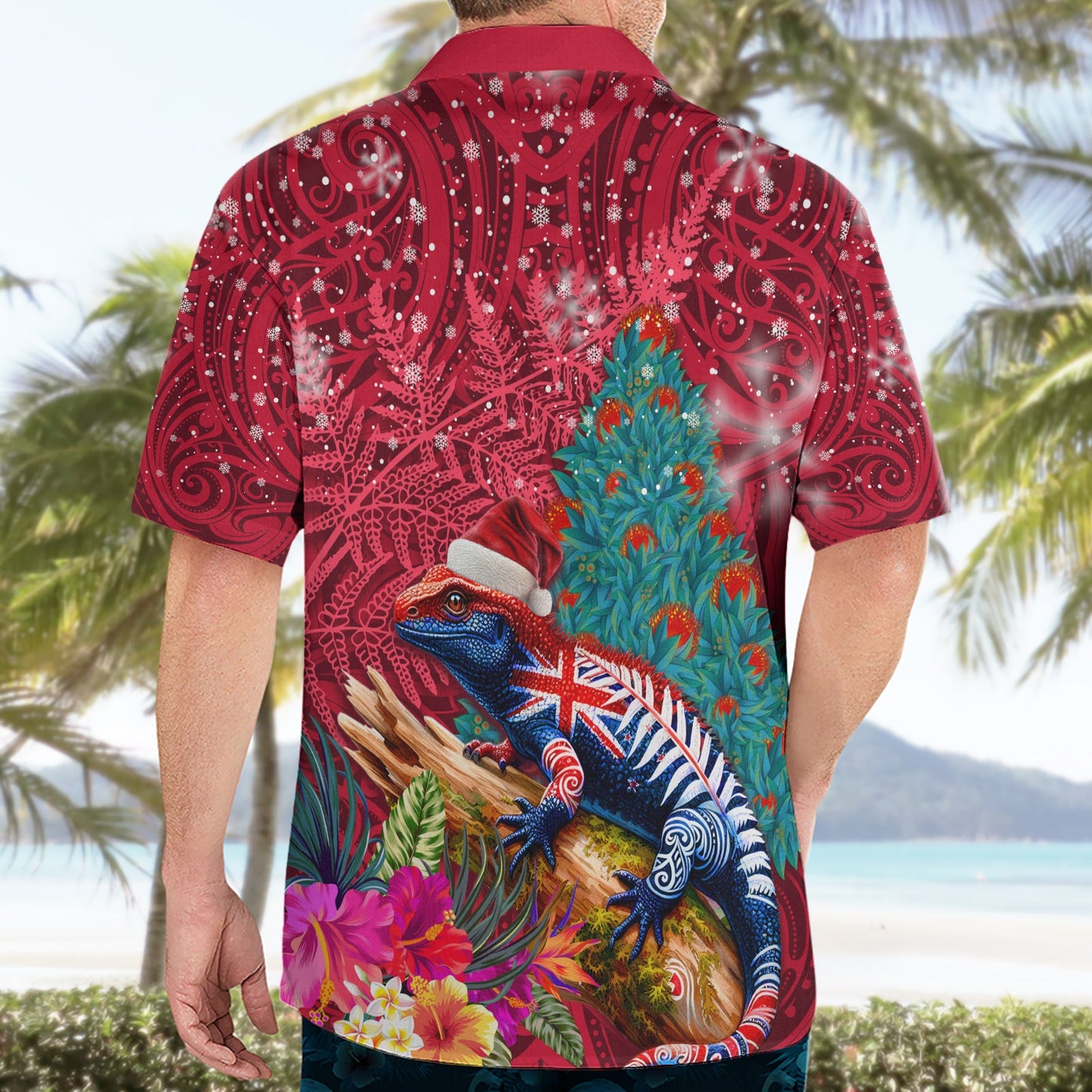 Neuseeland Tuatara Weihnachten Hawaiihemd Silber Farn und Weihnachten Pohutukawa Baum rot Farbe LT03