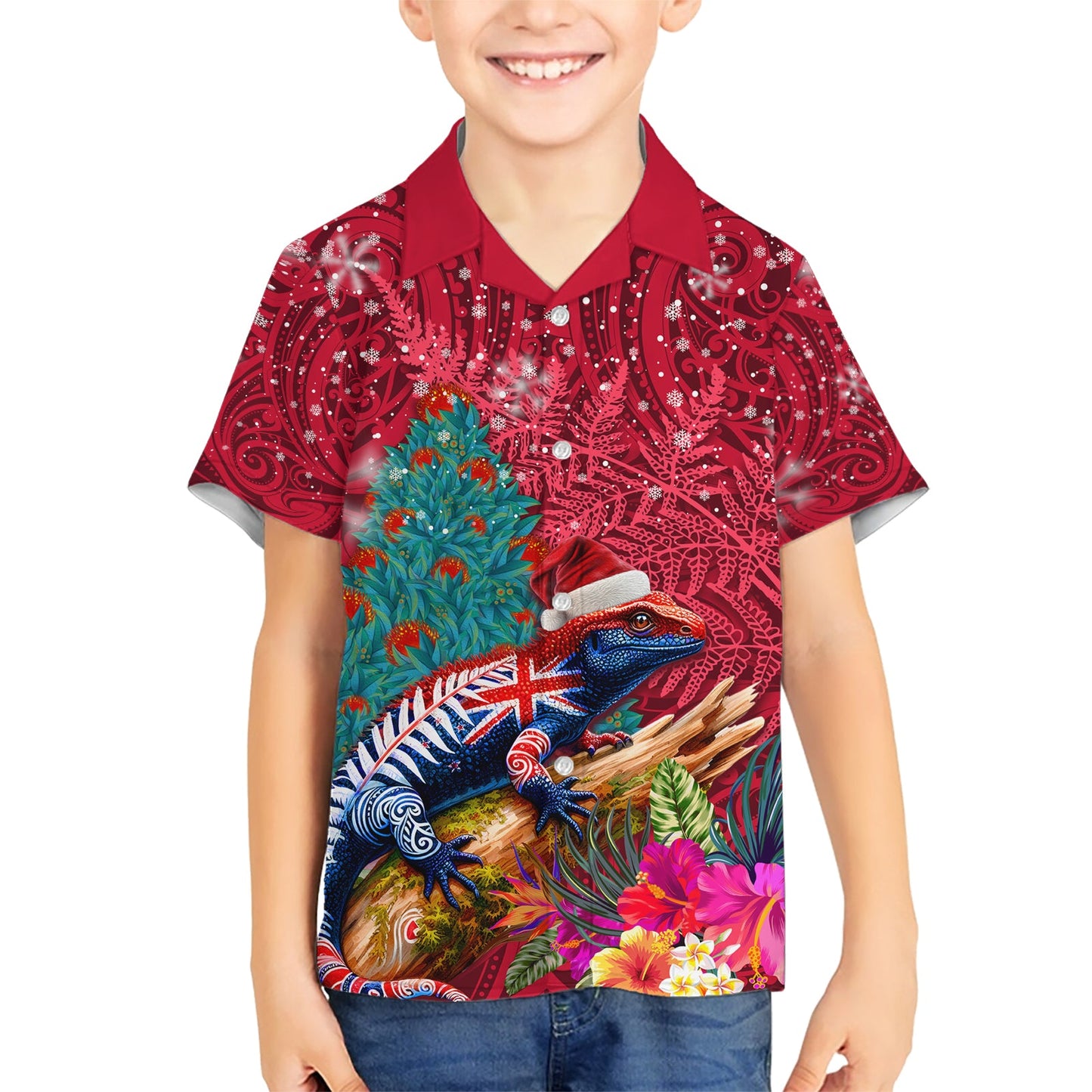 Neuseeland Tuatara Weihnachten Hawaiihemd Silber Farn und Weihnachten Pohutukawa Baum rot Farbe LT03