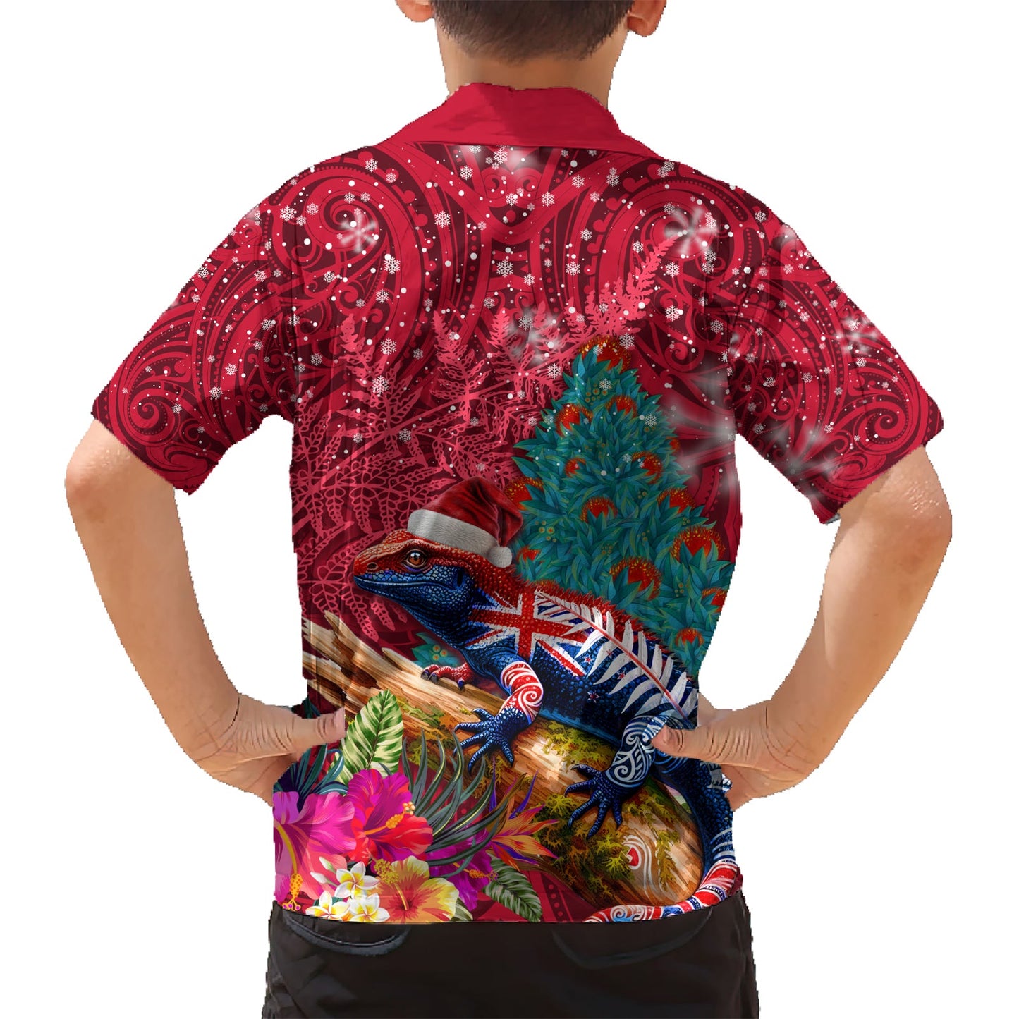 Neuseeland Tuatara Weihnachten Hawaiihemd Silber Farn und Weihnachten Pohutukawa Baum rot Farbe LT03