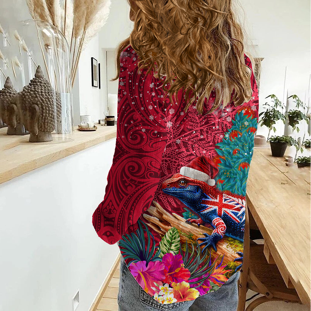 Neuseeland Tuatara Weihnachten Frauen Casual Shirt Silber Farn und Weihnachten Pohutukawa Baum rot Farbe LT03