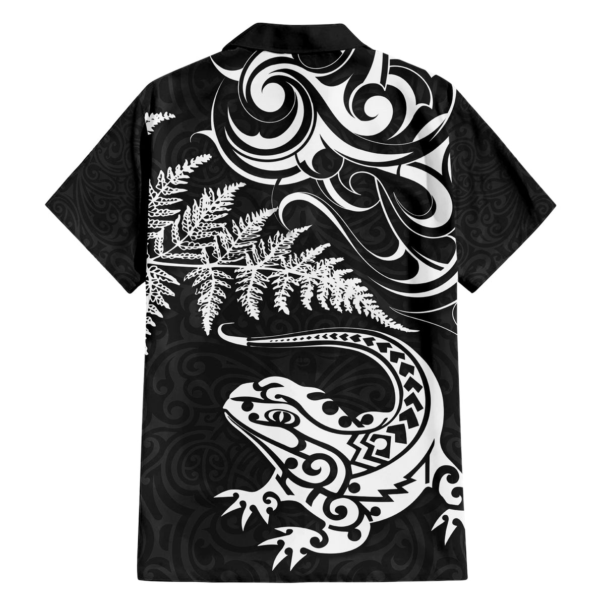 Neuseeland Tuatara Tribal Tattoo Hawaiihemd Silberfarn und Maori-Muster Schwarz Farbe LT03