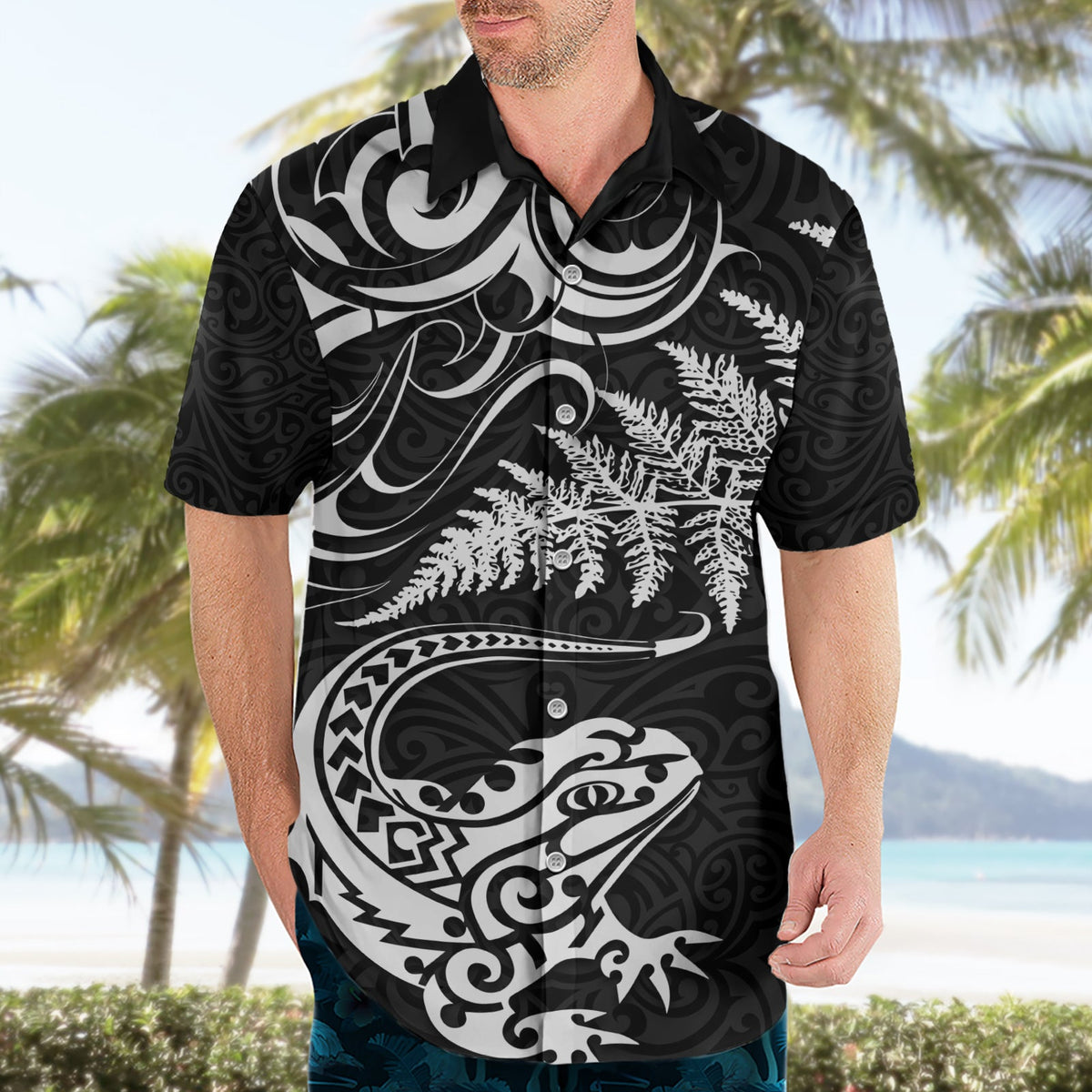 Neuseeland Tuatara Tribal Tattoo Hawaiihemd Silberfarn und Maori-Muster Schwarz Farbe LT03