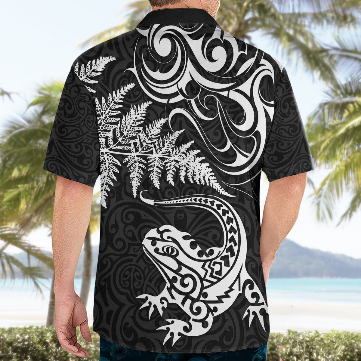 Neuseeland Tuatara Tribal Tattoo Hawaiihemd Silberfarn und Maori-Muster Schwarz Farbe LT03