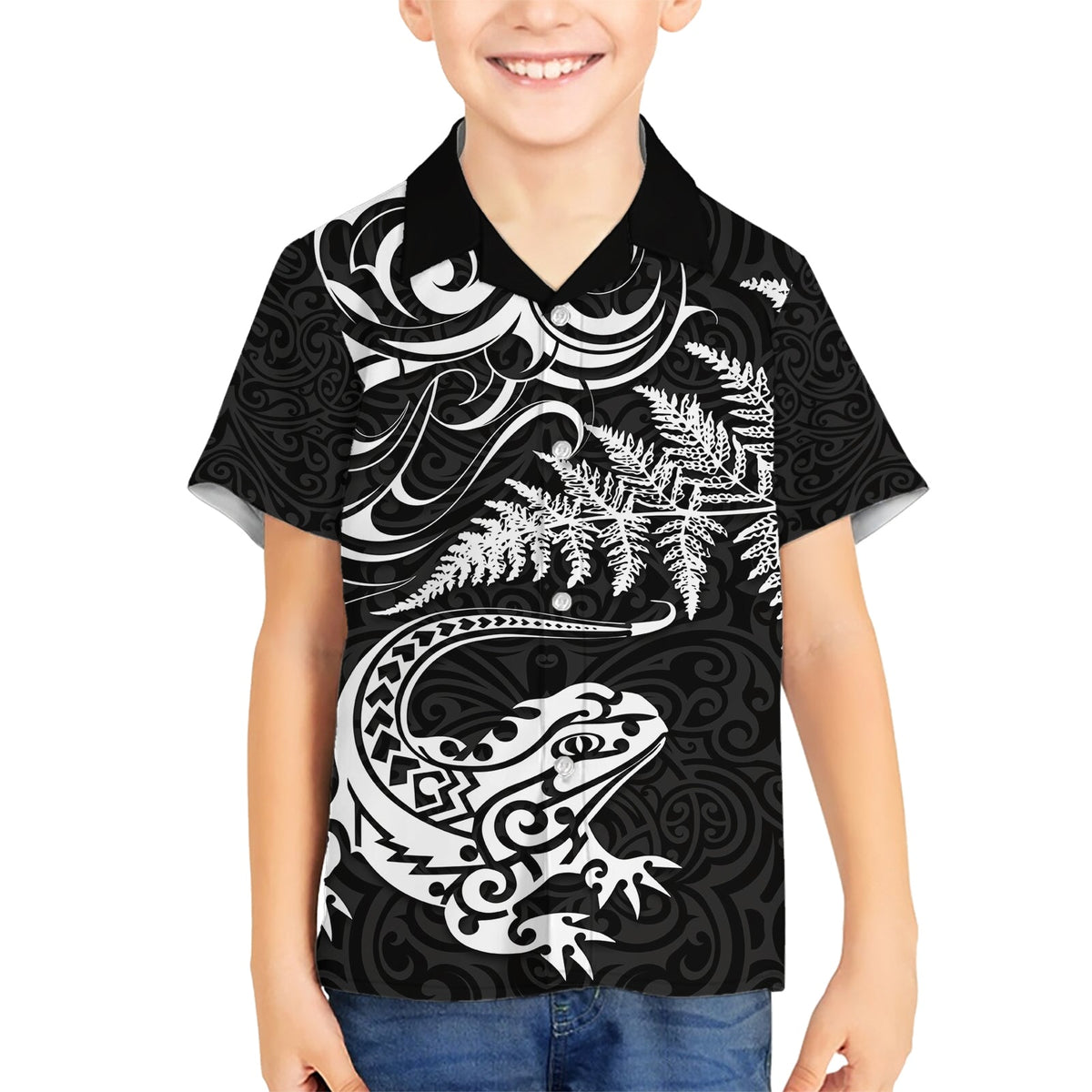 Neuseeland Tuatara Tribal Tattoo Hawaiihemd Silberfarn und Maori-Muster Schwarz Farbe LT03