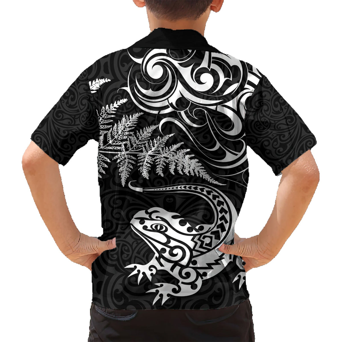 Neuseeland Tuatara Tribal Tattoo Hawaiihemd Silberfarn und Maori-Muster Schwarz Farbe LT03