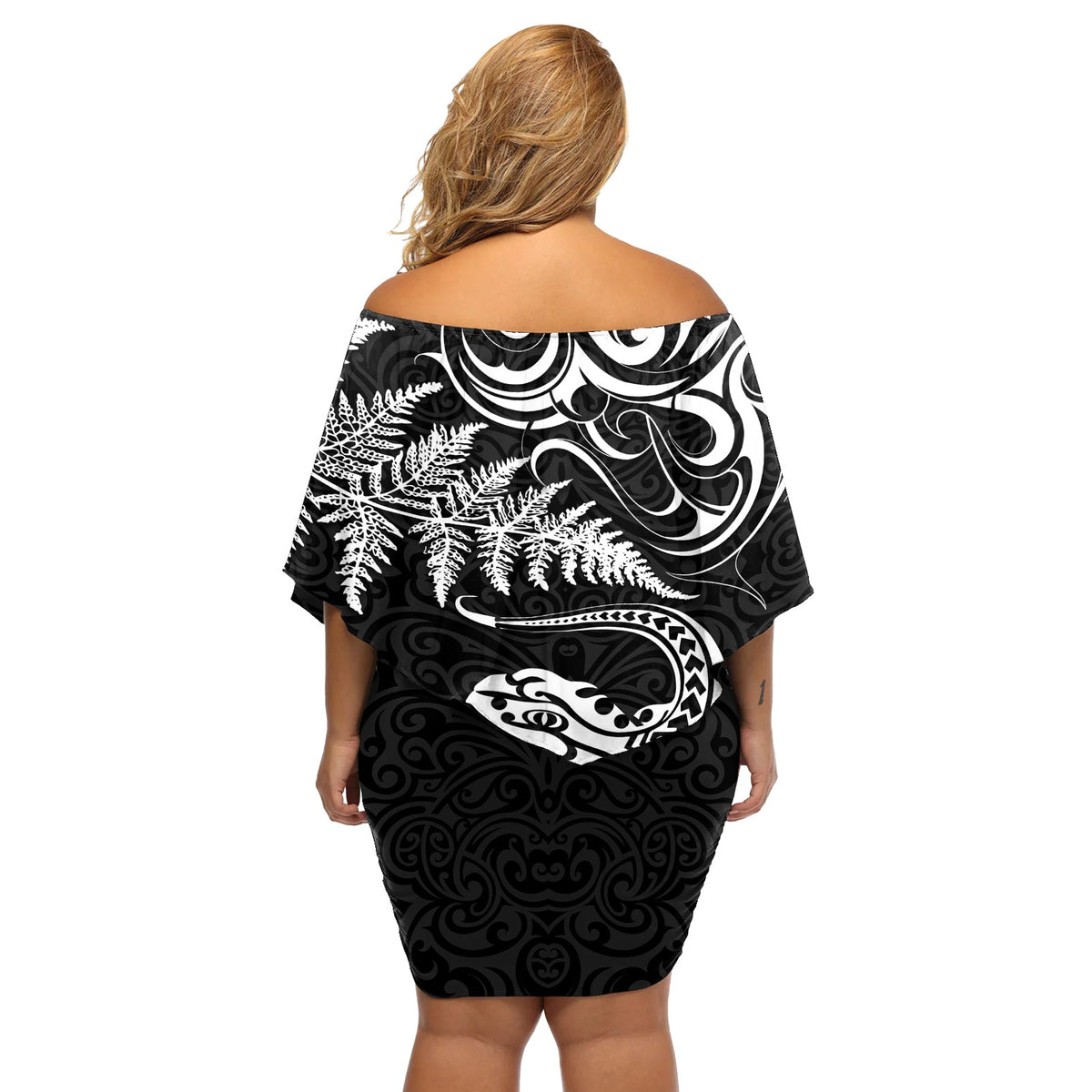 Neuseeland Tuatara Tribal Tattoo Off Shoulder Kurzes Kleid mit blumen Silberfarn und Maori Muster Schwarz Farbe LT03