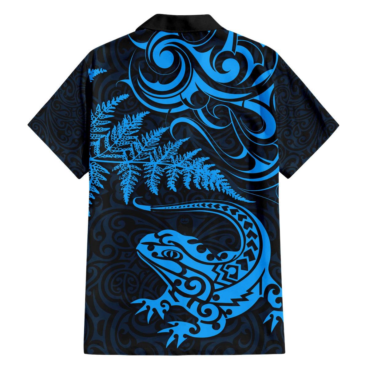 Neuseeland Tuatara Tribal Tattoo Hawaiihemd Silberfarn und Maori-Muster Blau Farbe LT03
