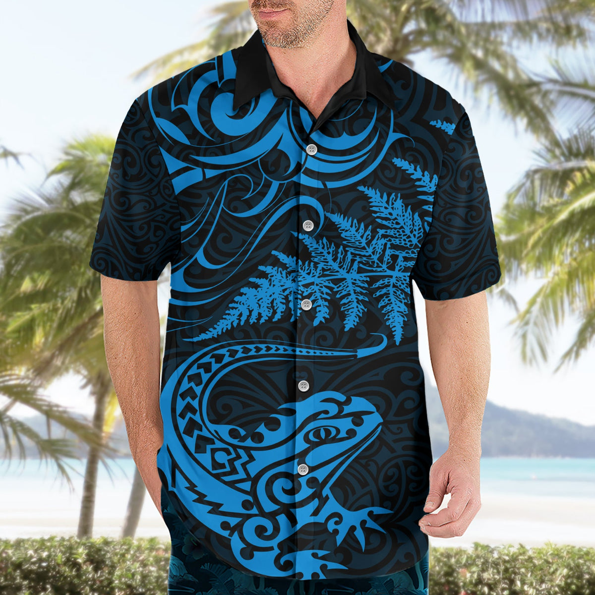 Neuseeland Tuatara Tribal Tattoo Hawaiihemd Silberfarn und Maori-Muster Blau Farbe LT03