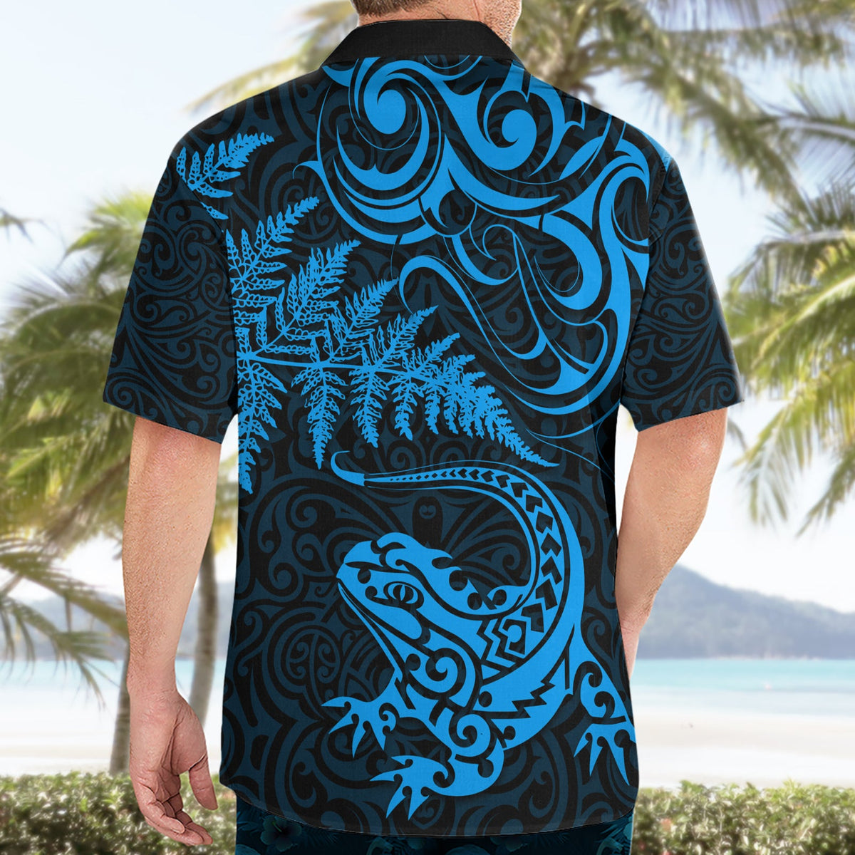 Neuseeland Tuatara Tribal Tattoo Hawaiihemd Silberfarn und Maori-Muster Blau Farbe LT03