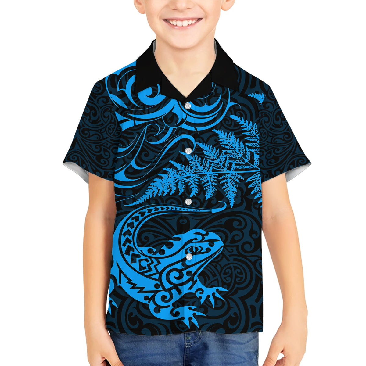 Neuseeland Tuatara Tribal Tattoo Hawaiihemd Silberfarn und Maori-Muster Blau Farbe LT03