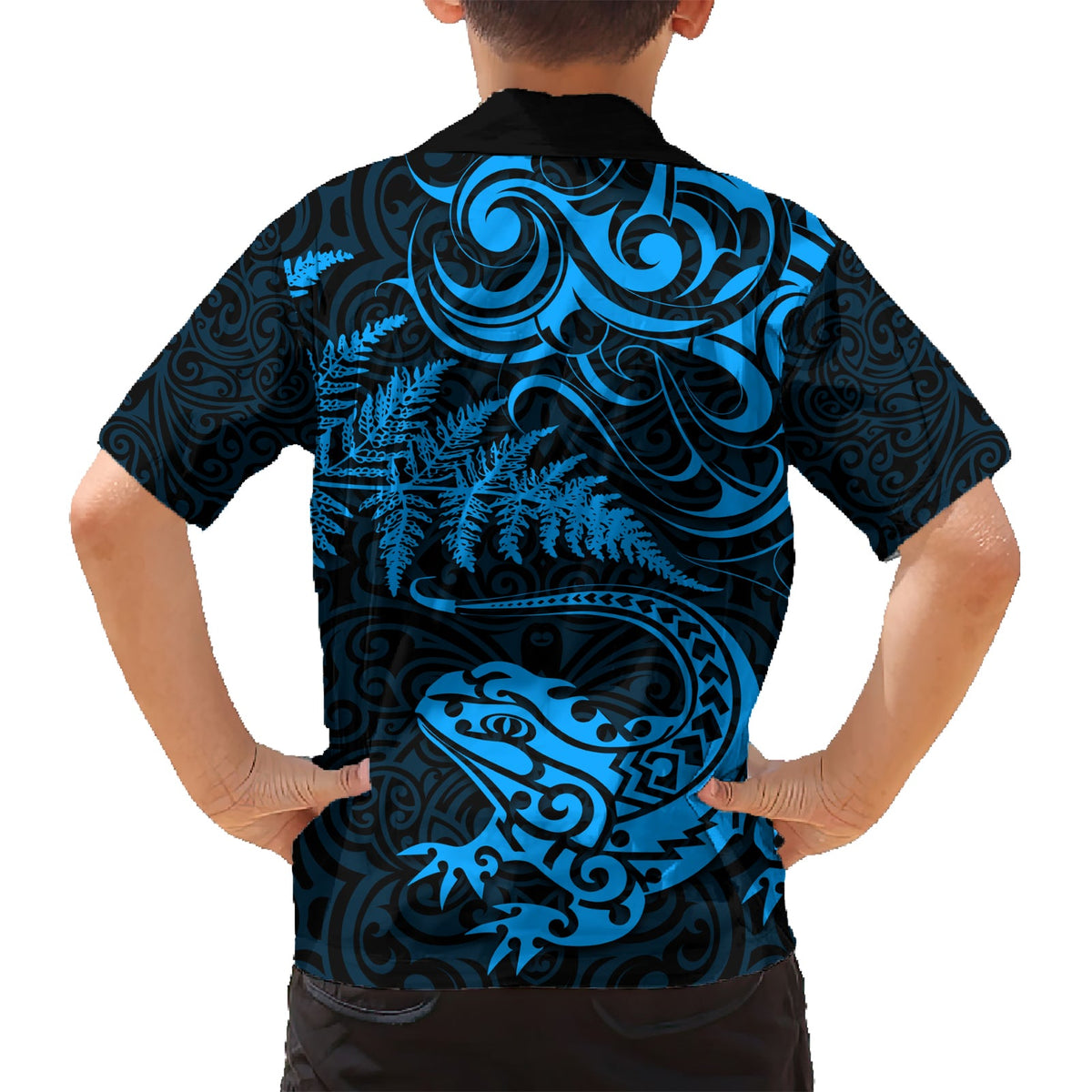 Neuseeland Tuatara Tribal Tattoo Hawaiihemd Silberfarn und Maori-Muster Blau Farbe LT03