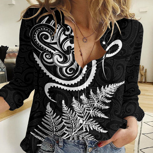 New Zealand Octopus Tattoo and Fern Women Casual Shirt Maori Pattern