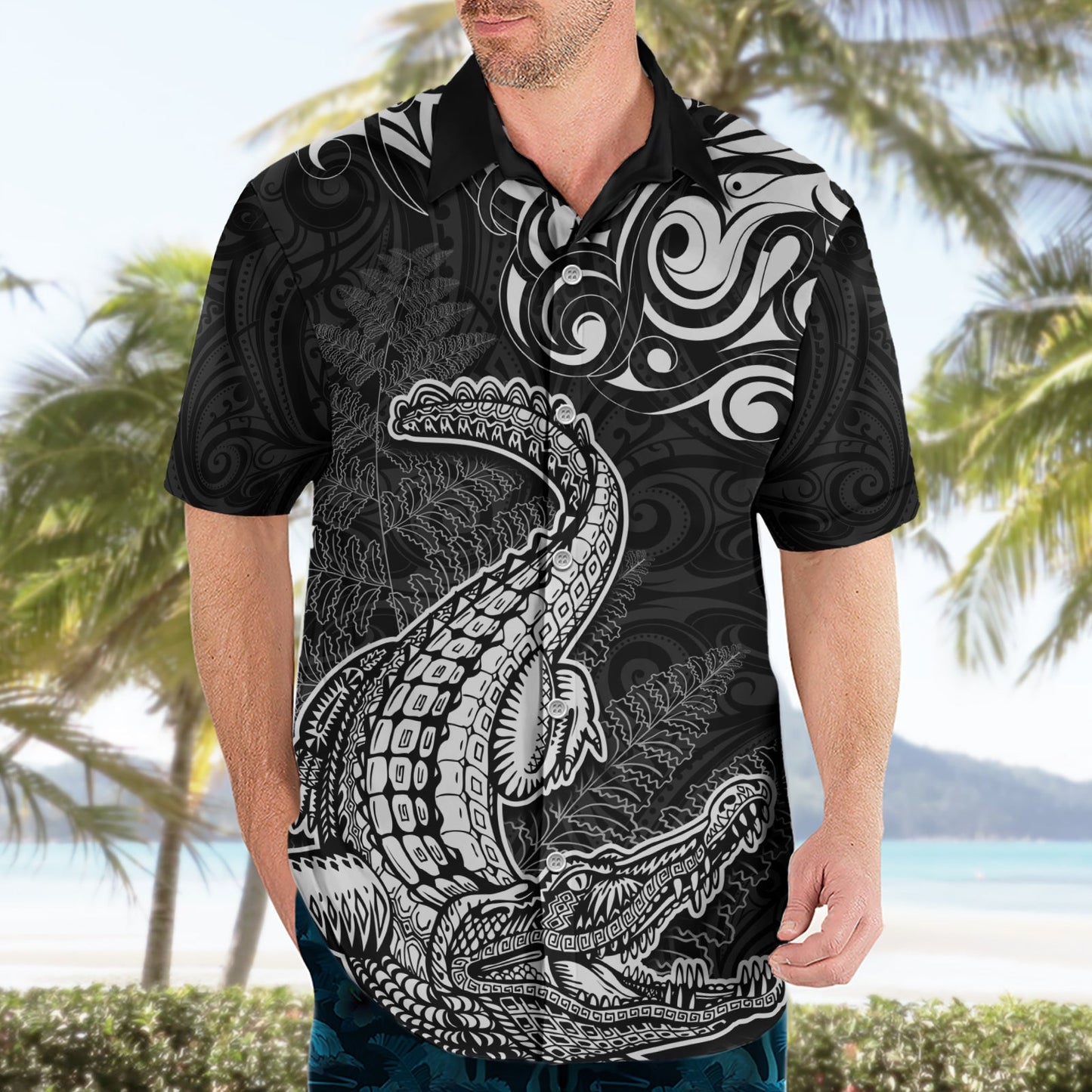 Hawaiihemd mit Maori-Muster, Neuseeland-Krokodil-Tattoo und Farn LT03