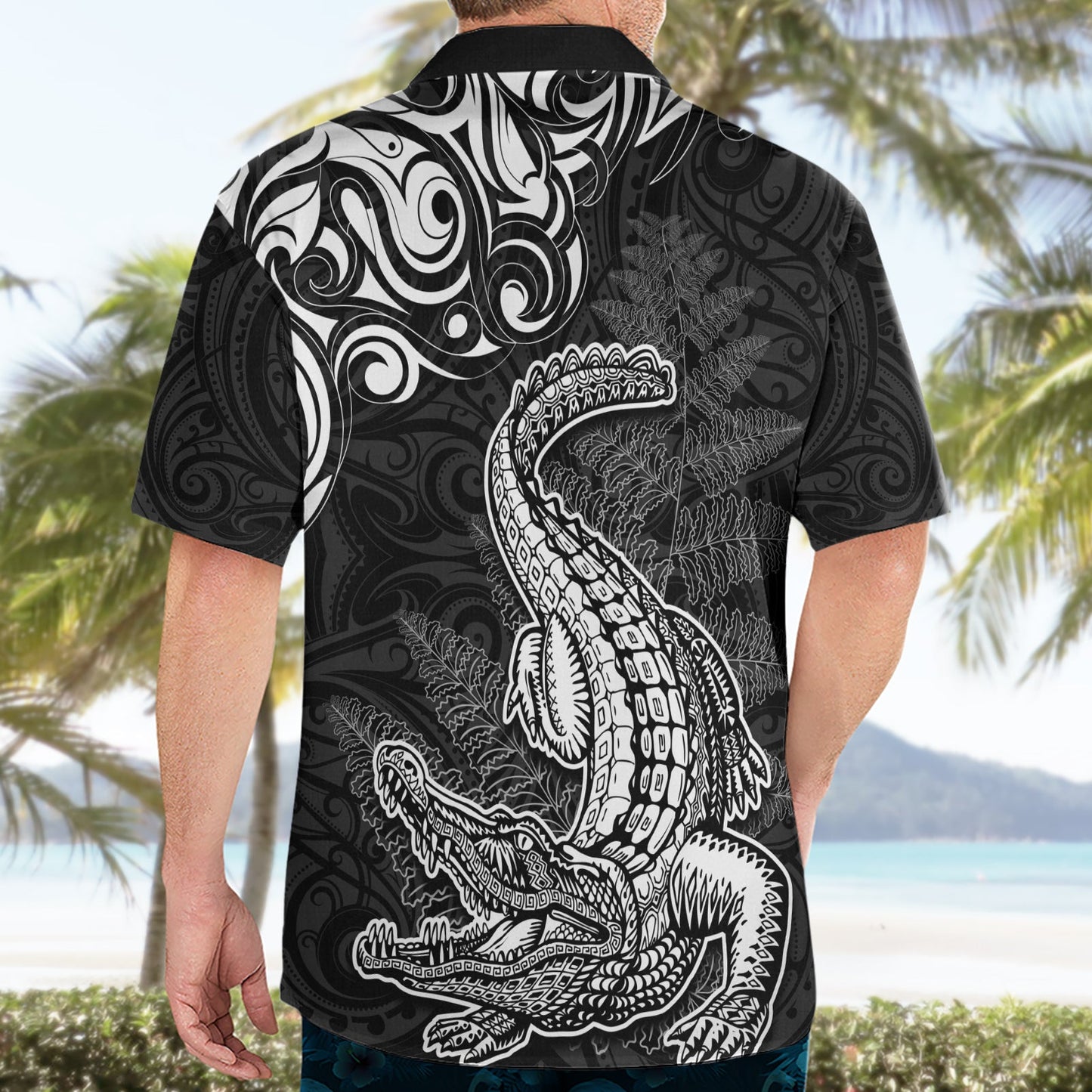 Hawaiihemd mit Maori-Muster, Neuseeland-Krokodil-Tattoo und Farn LT03